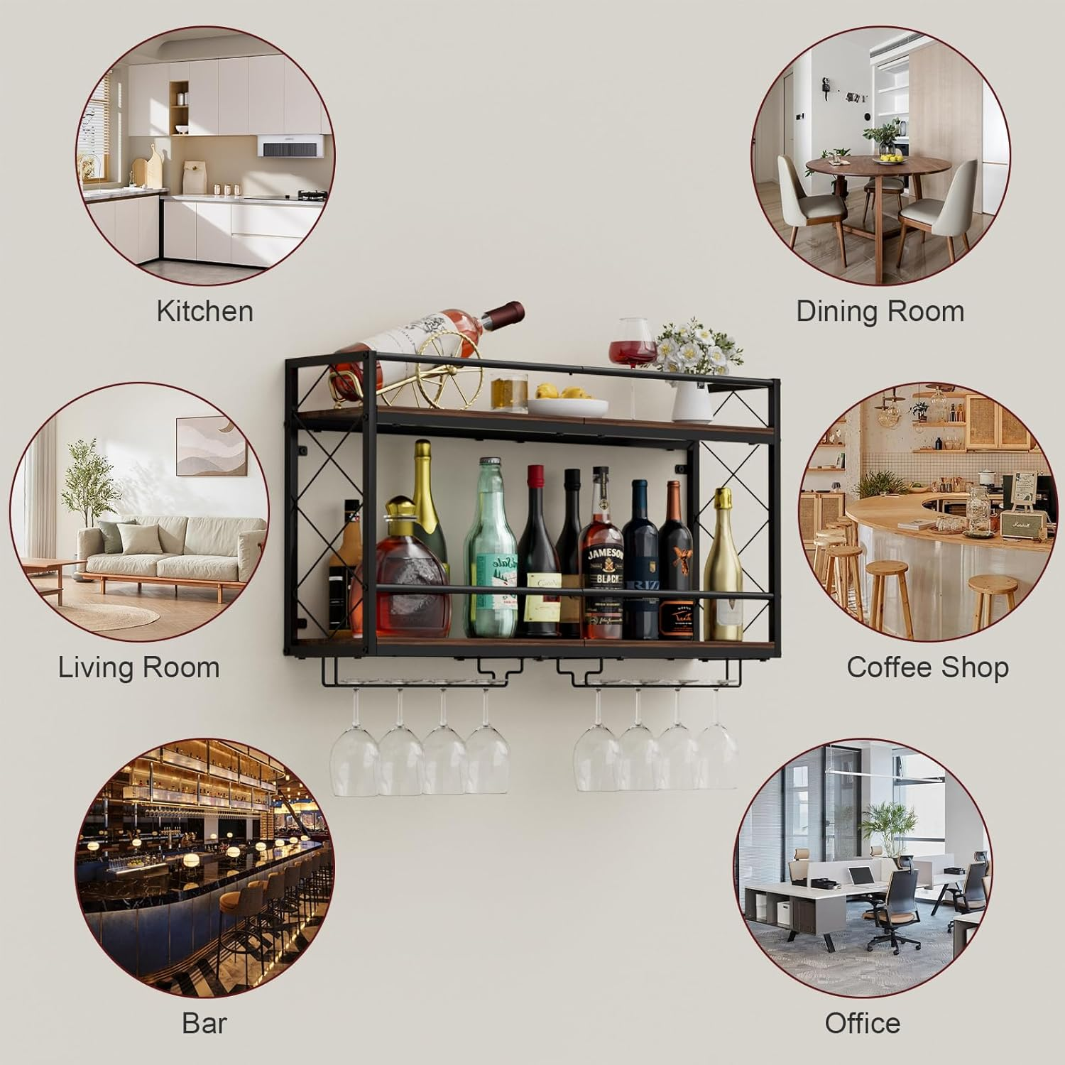 NEYCIL Wine Rack Wall Mount 2 Tier Wall Wine Rack with Glass Holder, Anti-Drop Crossbar, 31.5 Inch Metal Wine Rack for Home Kitchen Dining Room Bar, Black image number 1