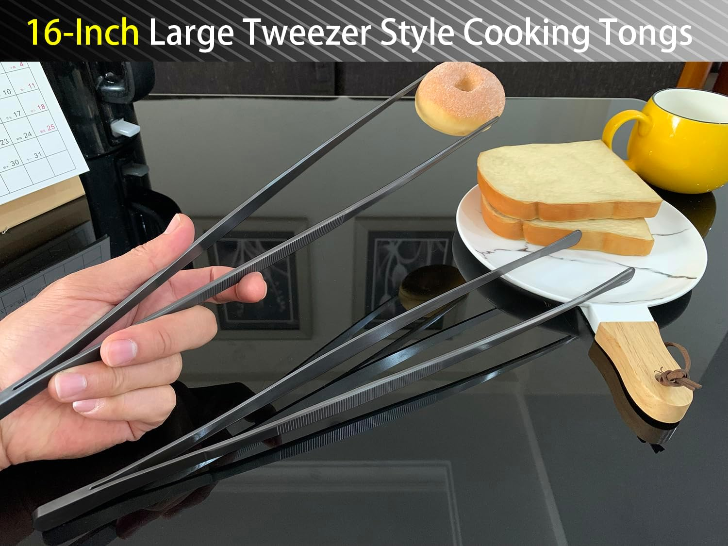 JETKONG 2 Pcs 16-Inch Kitchen Tweezers Tongs with Precision Serrated Tips, Stainless Steel Chef Tweezer Professional Cooking Tweezers for BBQ, Plating and Serving (16-Inch, Black) image number 5