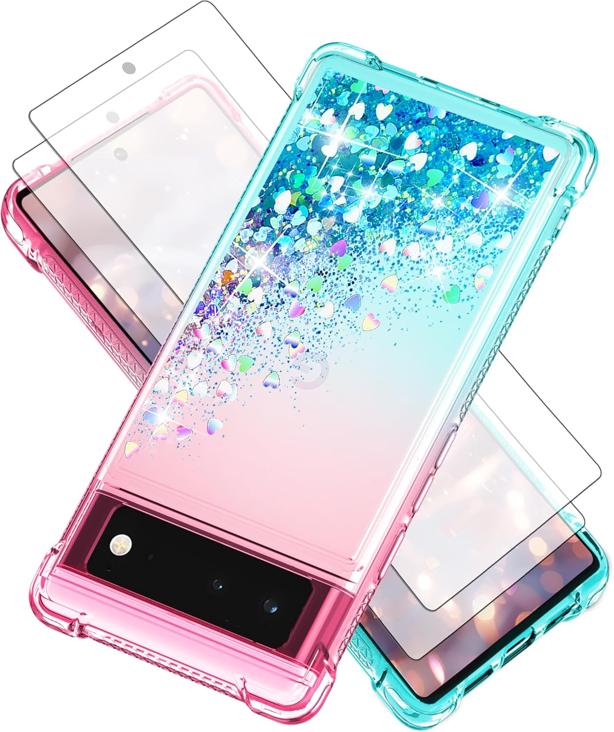 For Pixel 6 Pro Phone Case with Screen Protector*2, Clear Liquid Sparkle Glitter Floating Quicksand Phone Case, Soft TPU Bumper Shockproof Protective, Google 6 Pro Case for Women Girls, Pink/Blue