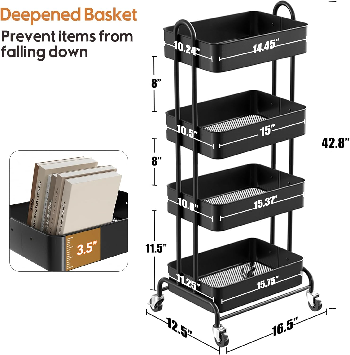 Ceayell Full Metal Utility Rolling Cart for Storage Organizer Cart for Office, Bathroom, Kitchen (Black, 4-Tier) image number 2