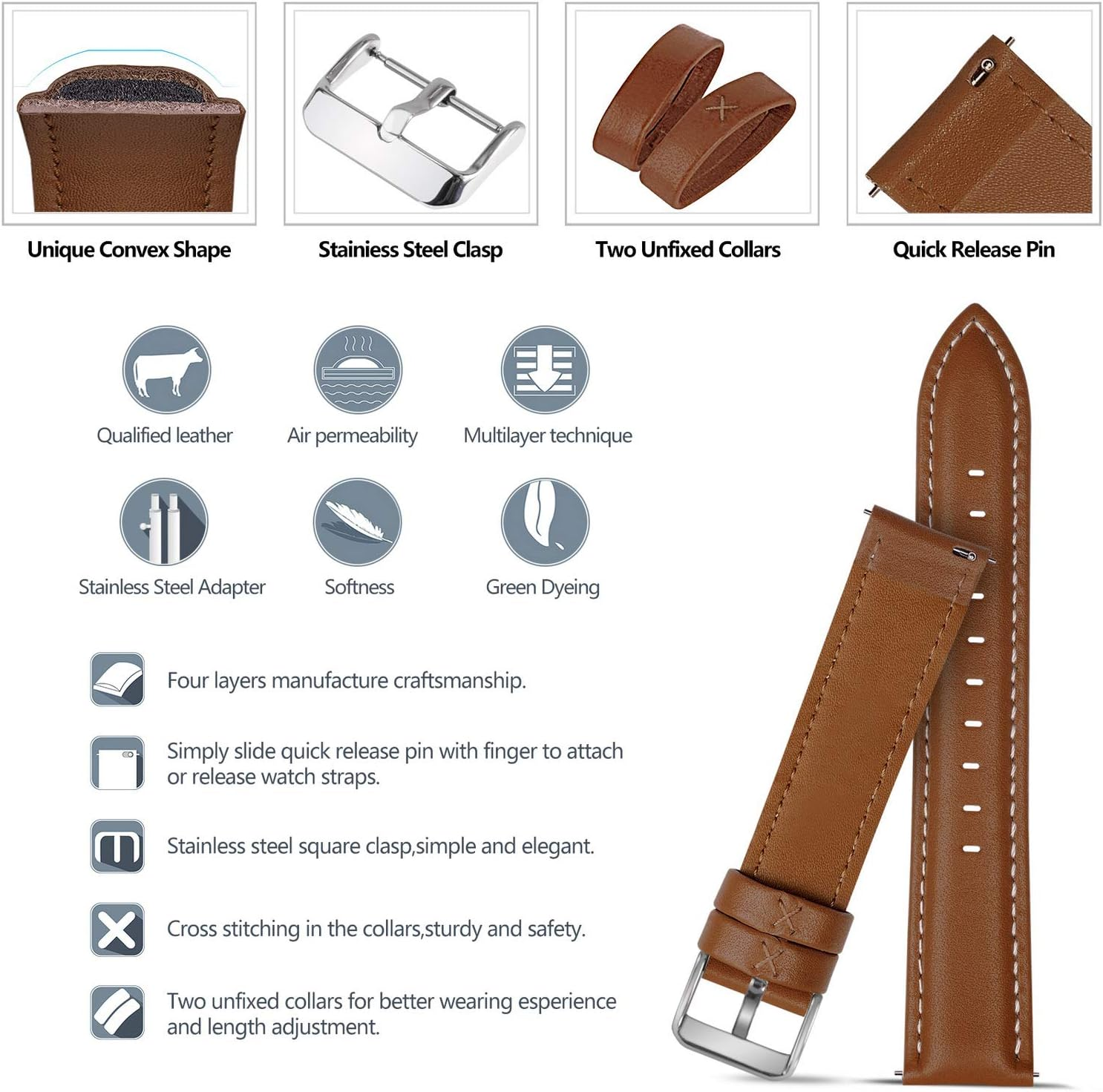 Quick Release Leather Watch Band, Fullmosa Axus Genuine Leather Replacement Watch Strap with Stainless Metal Clasp 14Mm 16Mm 18Mm 20Mm 22Mm 24Mm (Choose the Proper Size) image number 2