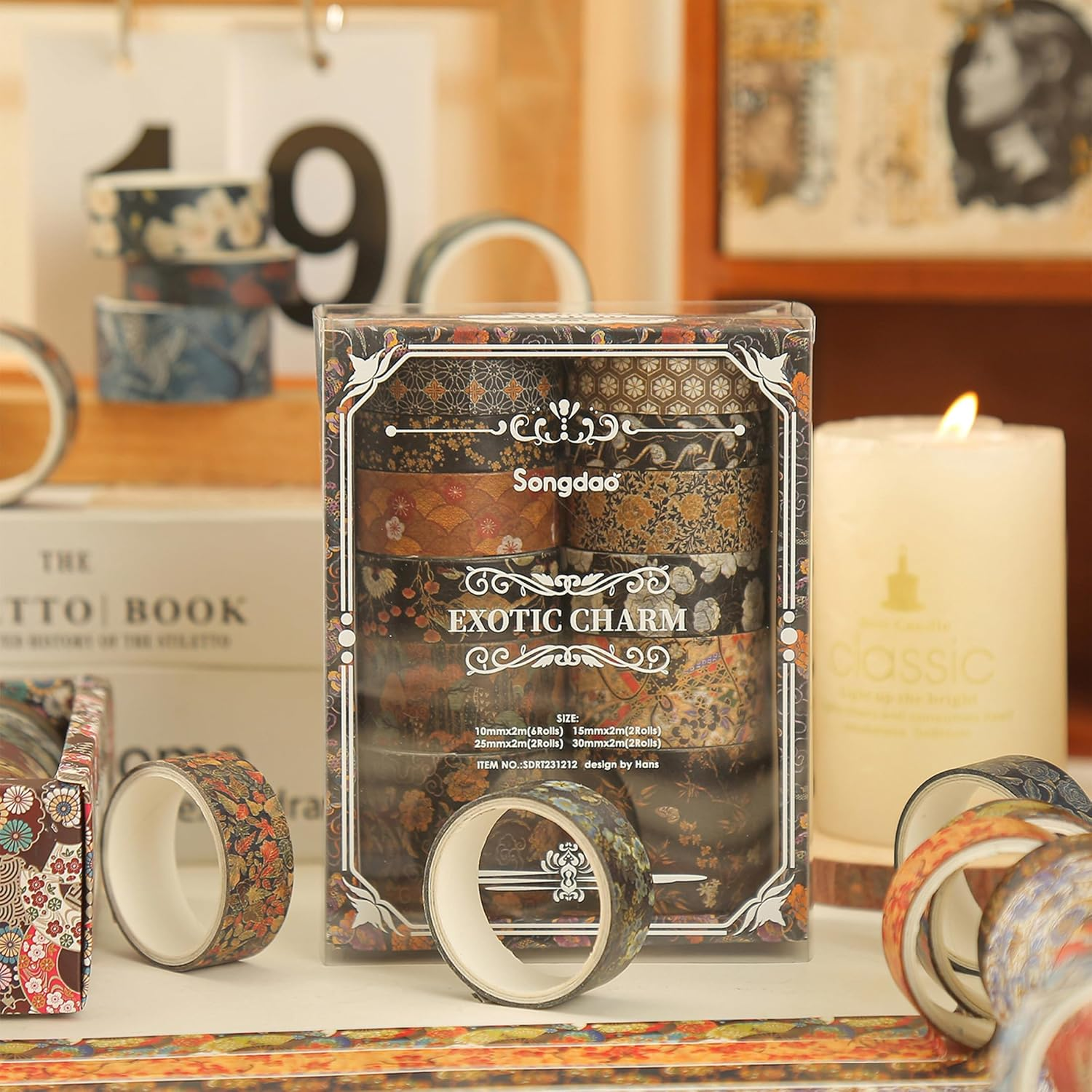 KAVI' S 12 Rolls Kyoto Charm Washi Tape Set Japanese Arts Adhesive Tapes Geometric Garden Decorative Masking Tape Sets for Craft, Kids, Scrapbook, DIY, Gift Wrapping (Black Elegance) - Black Elegance image number 3