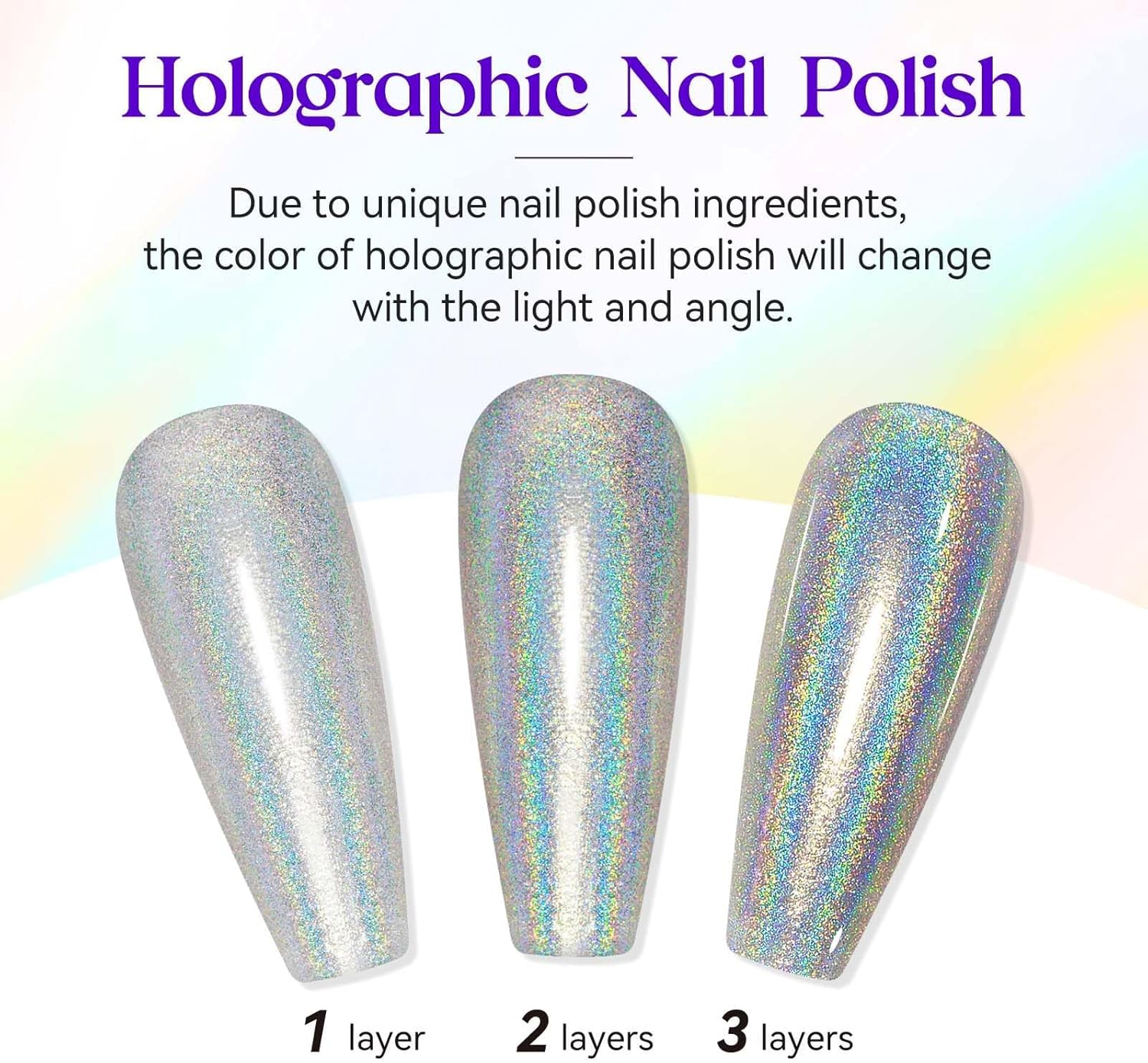 MIZHSE Holographic Nail Polish, Silver Glitter Nail Polish Air Dry Fast, 15 Ml 0.5 Fl Oz High Glossy Shiny Nail Pigment Oil-Based Laser Iridescent Nail Polish Chrome Halo Nail Art Salon Manicure Home