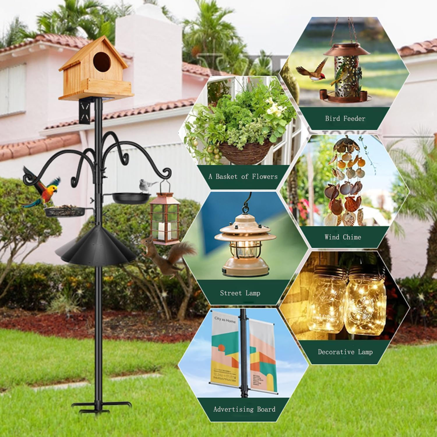 Heavy Duty Bird Feeder Pole Stand, 76 Inch Metal Bird Feeder Pole with Squirrel Proof Baffle, 4 Hooks and 2 Feeding Trays, 5-Prong Base Outdoor Birdhouse Stand, Garden Bird Feeding Station (Black) image number 3