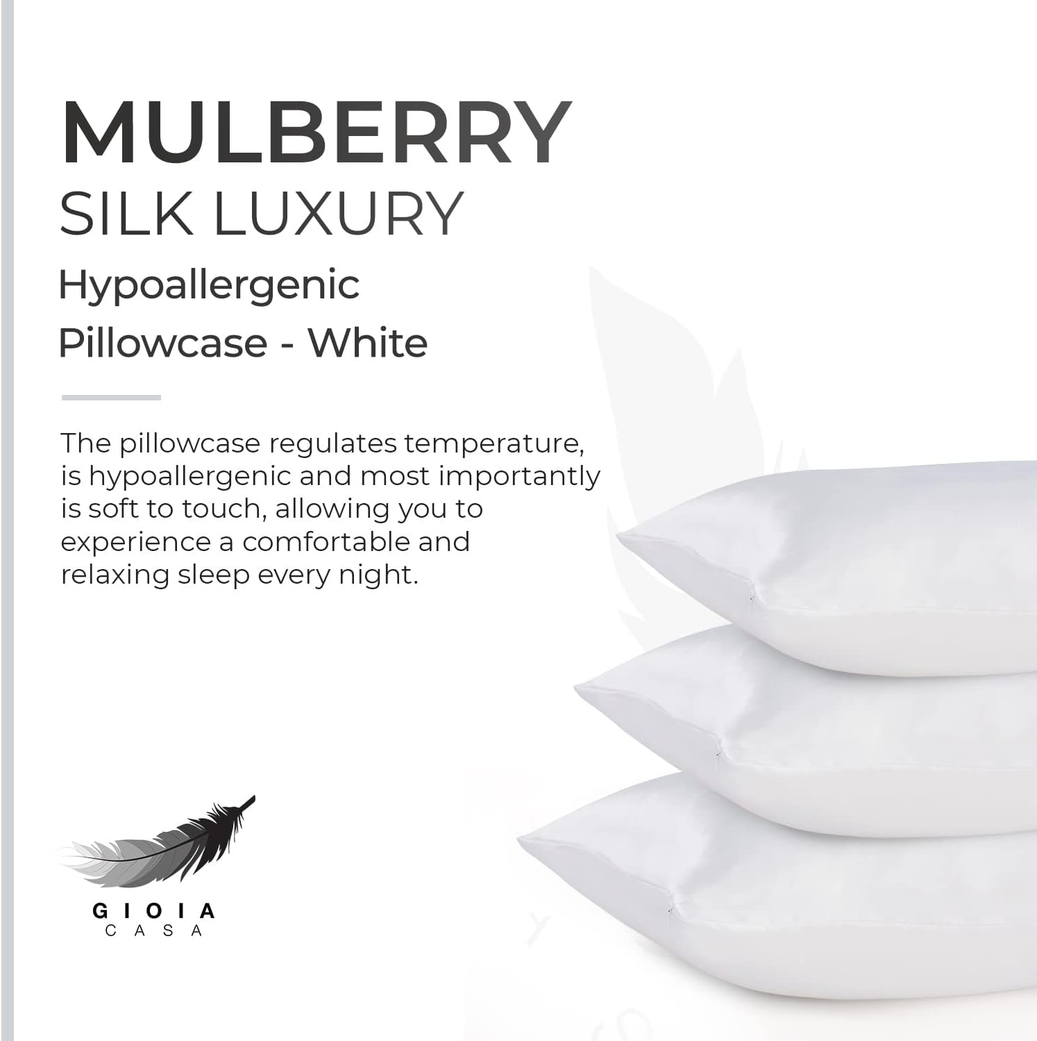 Gioia Casa Luxury Pillowcase - 100% Pure Mulberry Silk on Both Sides - Soft anti Wrinkle, Hypoallergenic, Washable Bed Pillowcases - Premium Pillow Cover That Protects Your Hair and Skin - White - Black image number 4