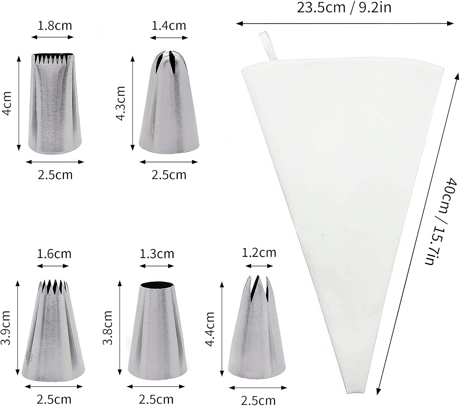 6 Piece Icing Nozzles Piping Bag Set, Cake Decorating Tool, 5 Mouth Decorating and 1 White Cotton Piping Bag, Cupcake Decoration Baking Set for Cakes, Cakes, Biscuit Decoration