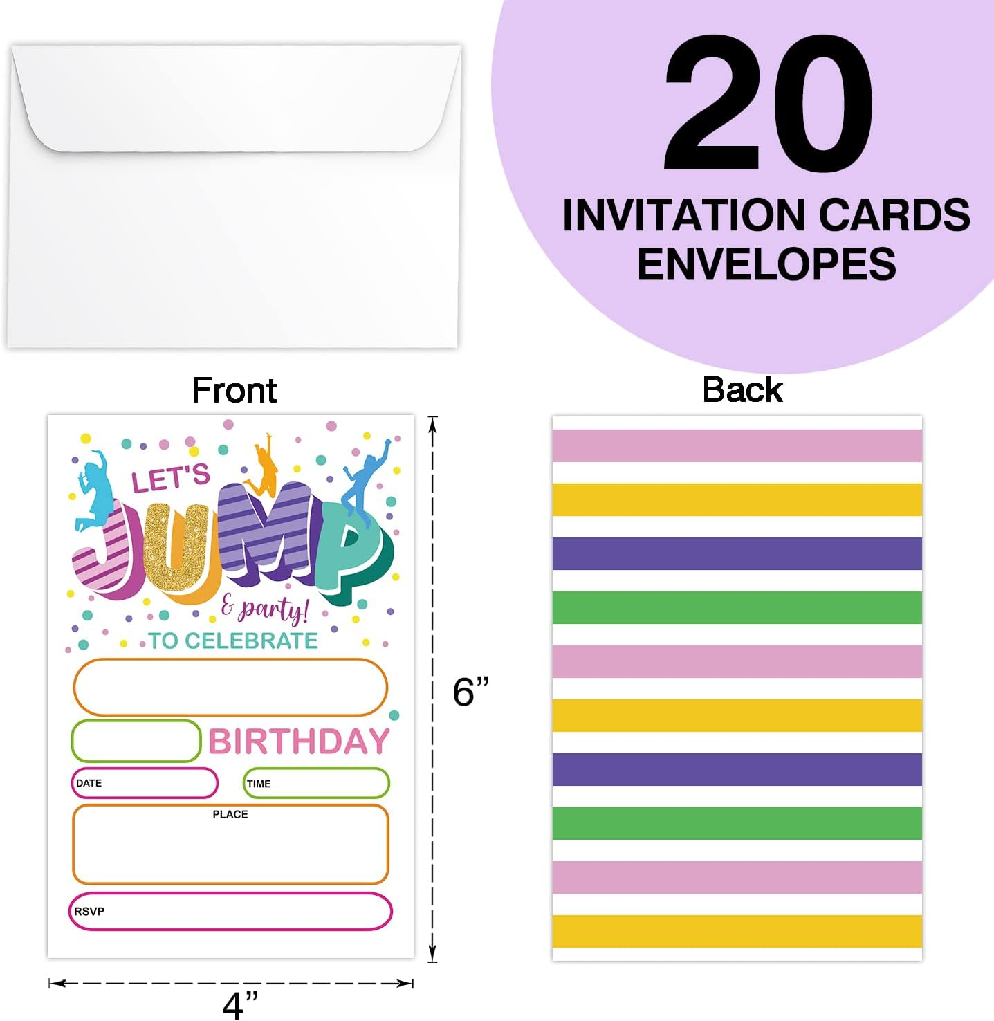 Jump Party Birthday Invitations, Bounce House Trampoline Party Invitations for Boys Girls Kids, Jumping Party Invitations, Jump Party Invites (20 Sets 4" X 6" Cards with 20 Envelopes) - Himo350 image number 4
