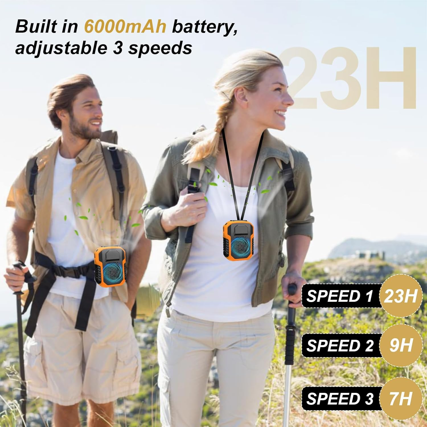 UOEPOWA Portable Waist Clip Fan, 6000Mah on Belt Fan Rechargeable, Blue Collar Breeze, 3 Speeds, 7-23H Working Time, Wearable Belt Neck Fan for Outdoor Workers/Farms/Travel(Orange)