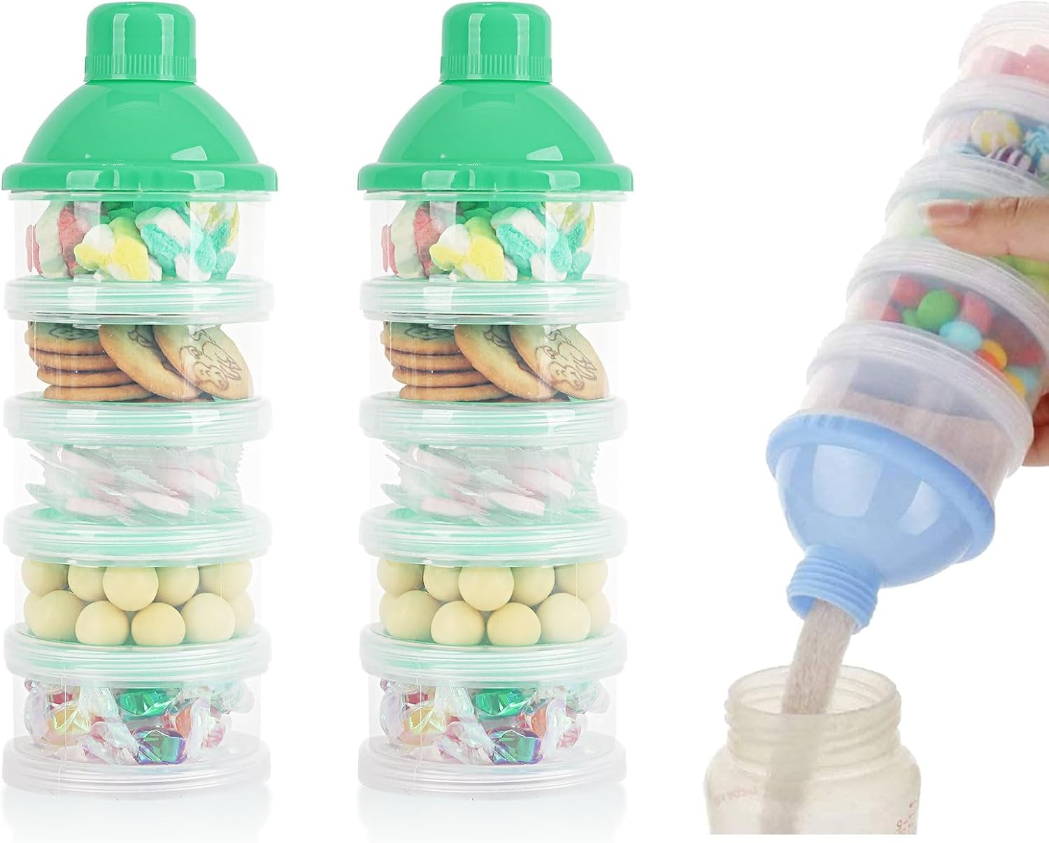 2 PCS 5 Layers Baby Milk Powder Dispenser, Milk Powder Pots, Formula Dispenser Portable Milk Powder Formula Dispenser Container Pot Box Milk Cans Snack Storage Box for Travel (Blue + Green)