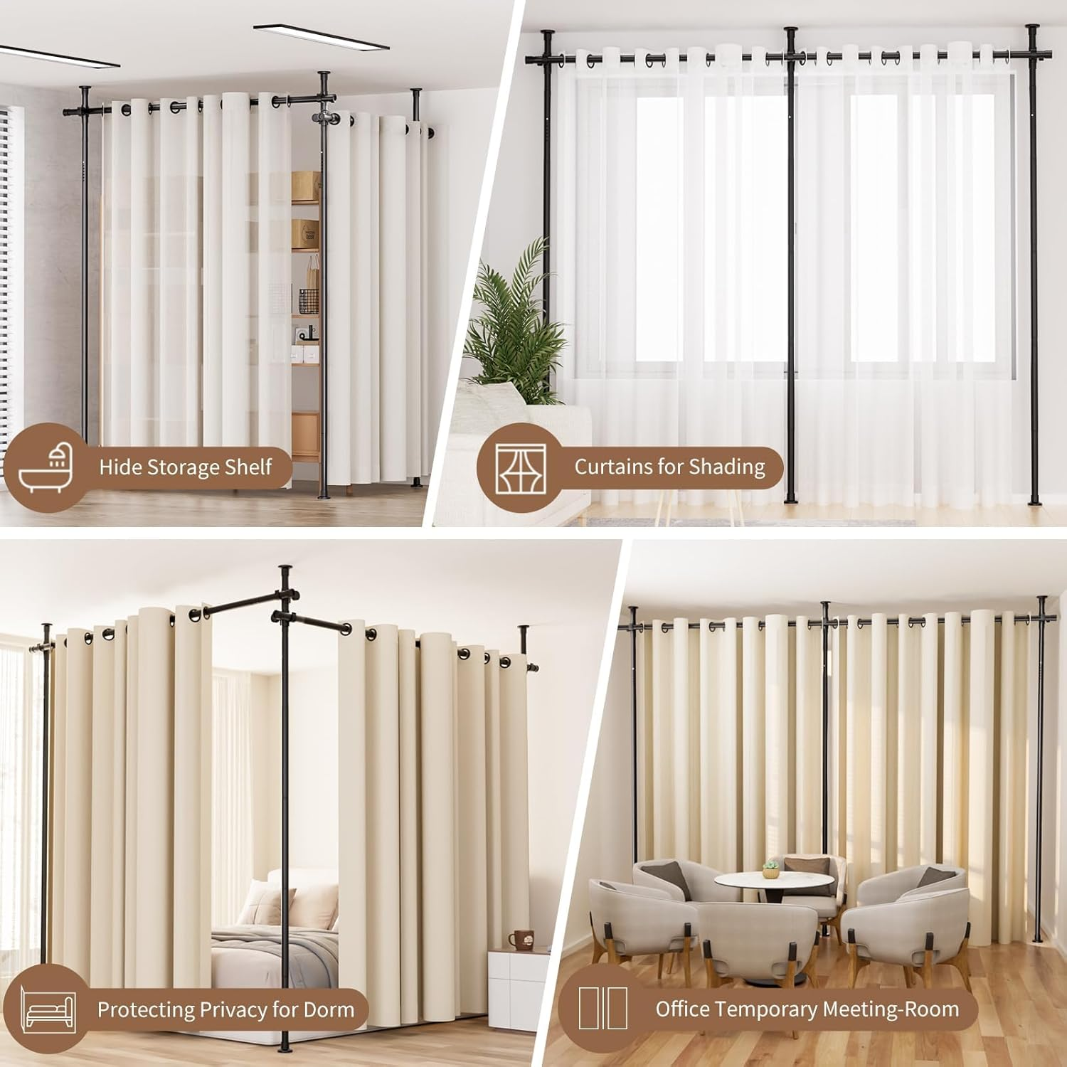 Koreal Room Divider, Curtain Rods No Drilling, 121-304Cm Height and 71-290Cm Width Adjustable Tension Rod, Tension Curtain Rod for Space Partition,Room Partition Privacy Separator, Black,No Curtains image number 5