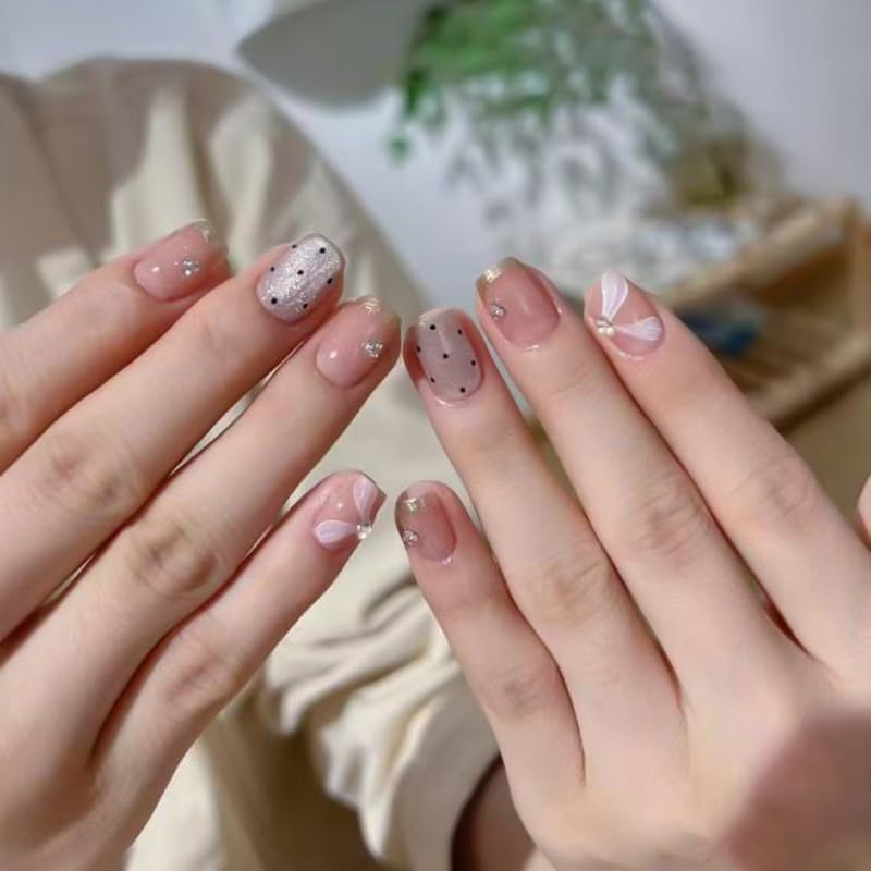 30Pcs Short Square Press on Nails French Tip False Nails Cat Eye Fake Nails Flower Pearl Rhinestone Stick on Nails Removable Glue-On Acrylic Nail Tips Spring Summer Accessories for Women image number 1