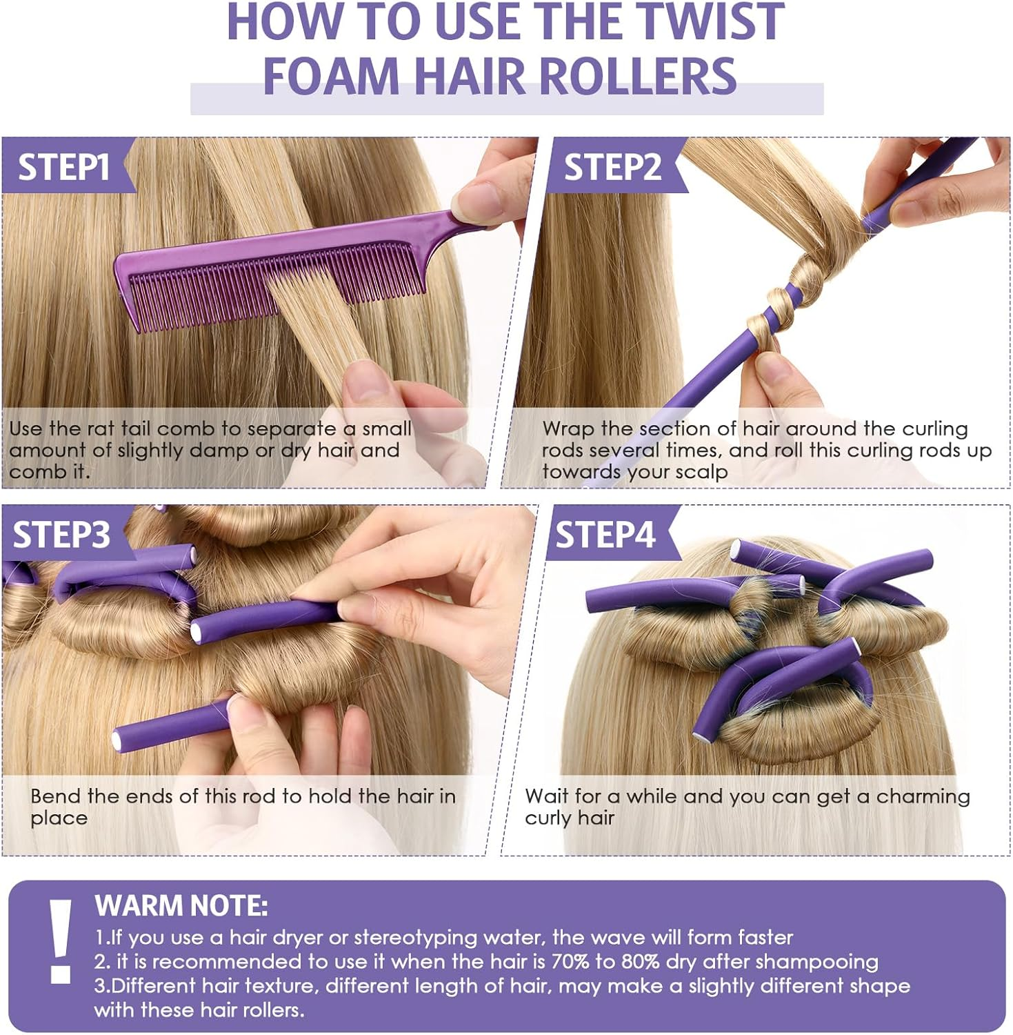 Syhood 30 Pieces Flexible Curling Rods Twist Foam Hair Rollers Soft Foam No Heat Hair Rods Rollers and 1 Steel Pintail Comb Rat Tail Comb for Women Long Short Hair(9.45 X 0.3 Inch,Purple) image number 7