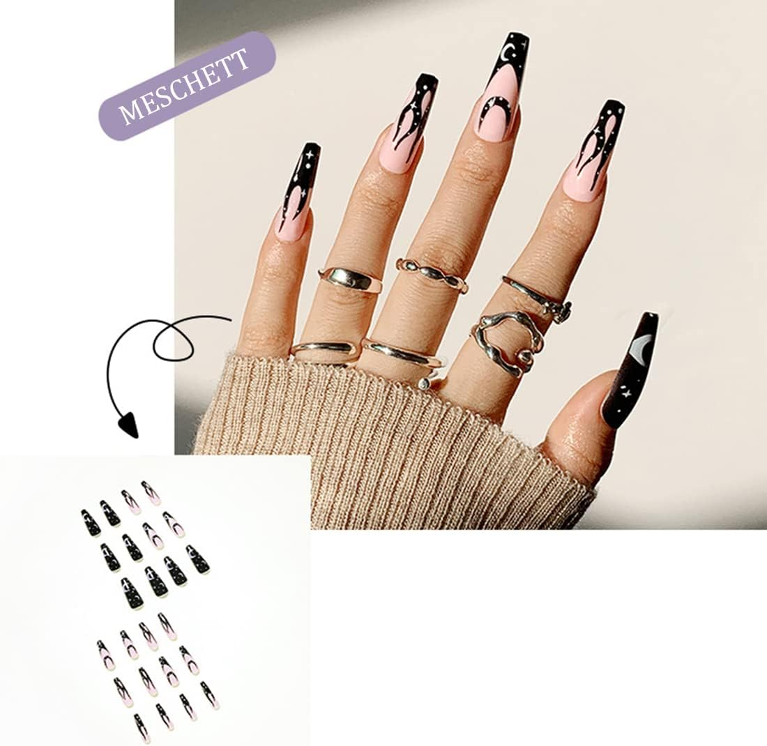 Coffin Press on Nails 24PCS Extra Long Ballerina False Nails Glossy Black Fake Nail Tips with Moon Star Design ​For Women Girls Party Salon image number 5