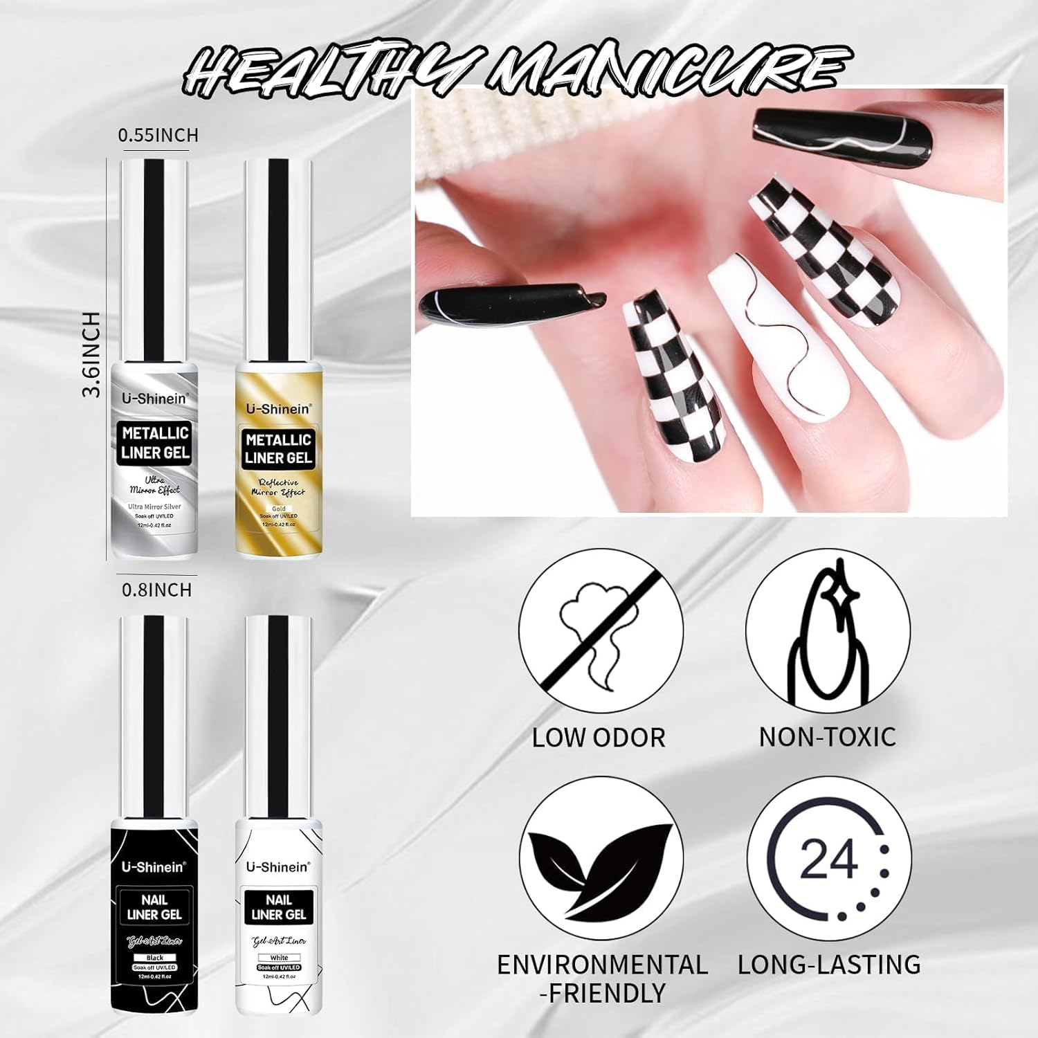 4X12Ml Metallic Mirror Painting Liner Gel Polish Set, Mirror Chrome Effect Painted Gel &Black & White Nail Polish Drawing Striper Gel Build in Thin Brush Soak off UV/LED Nail Manicure Setb - Set B image number 6