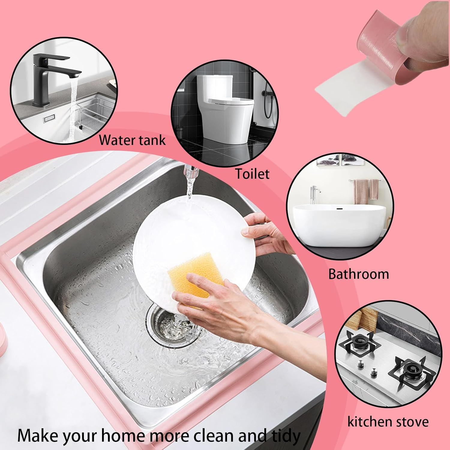 Sgphrzlt 2 Rolls Black Caulk Tape Waterproof Self Adhesive, 3.8Cm X 3.2M Bathroom Caulking Sealant Tape for Bathtub, Peel and Stick Toilet Base Sealer Strip for Floor Trim Shower Kitchen Wall Edge image number 4