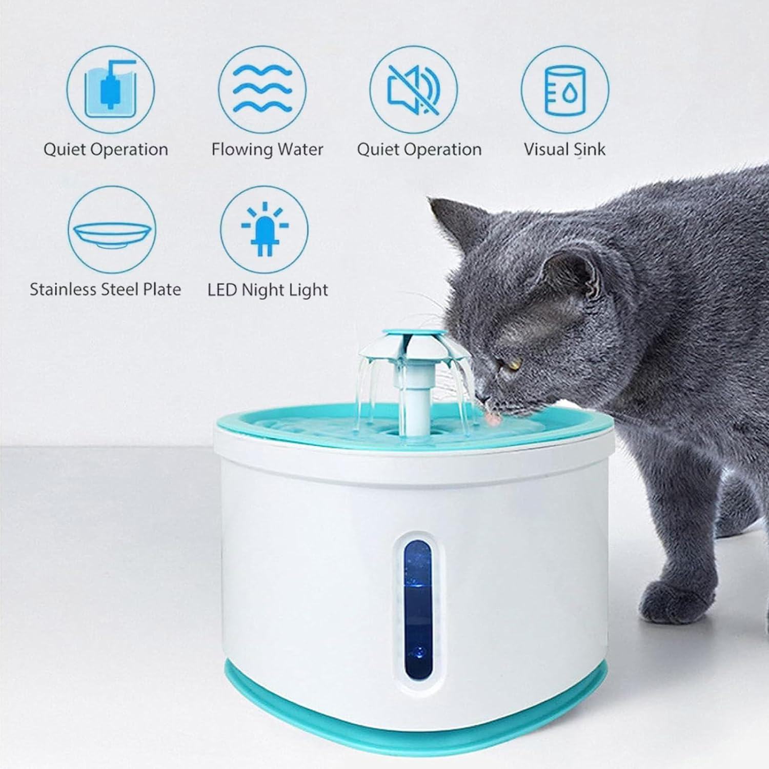 Cat Water Fountain, Ultra Silent Cat Fountain 2.4 L, with LED Light, Activated Carbon Filter, Pet Water Fountain for Cats and Dogs(Blue) (Cwf-X-Blue) image number 3