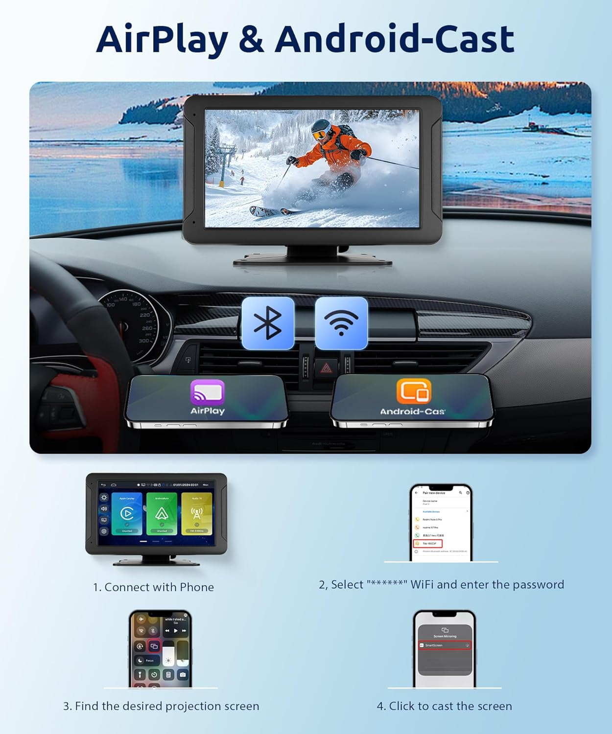 Rimoody 7 Inch Wireless Carplay Screen with Backup Camera Car Radio Portable Carplay Wireless Android Auto Screen Touch Screen Bluetooth FM Transmitter Airplay EQ TF Card Voice Control image number 3