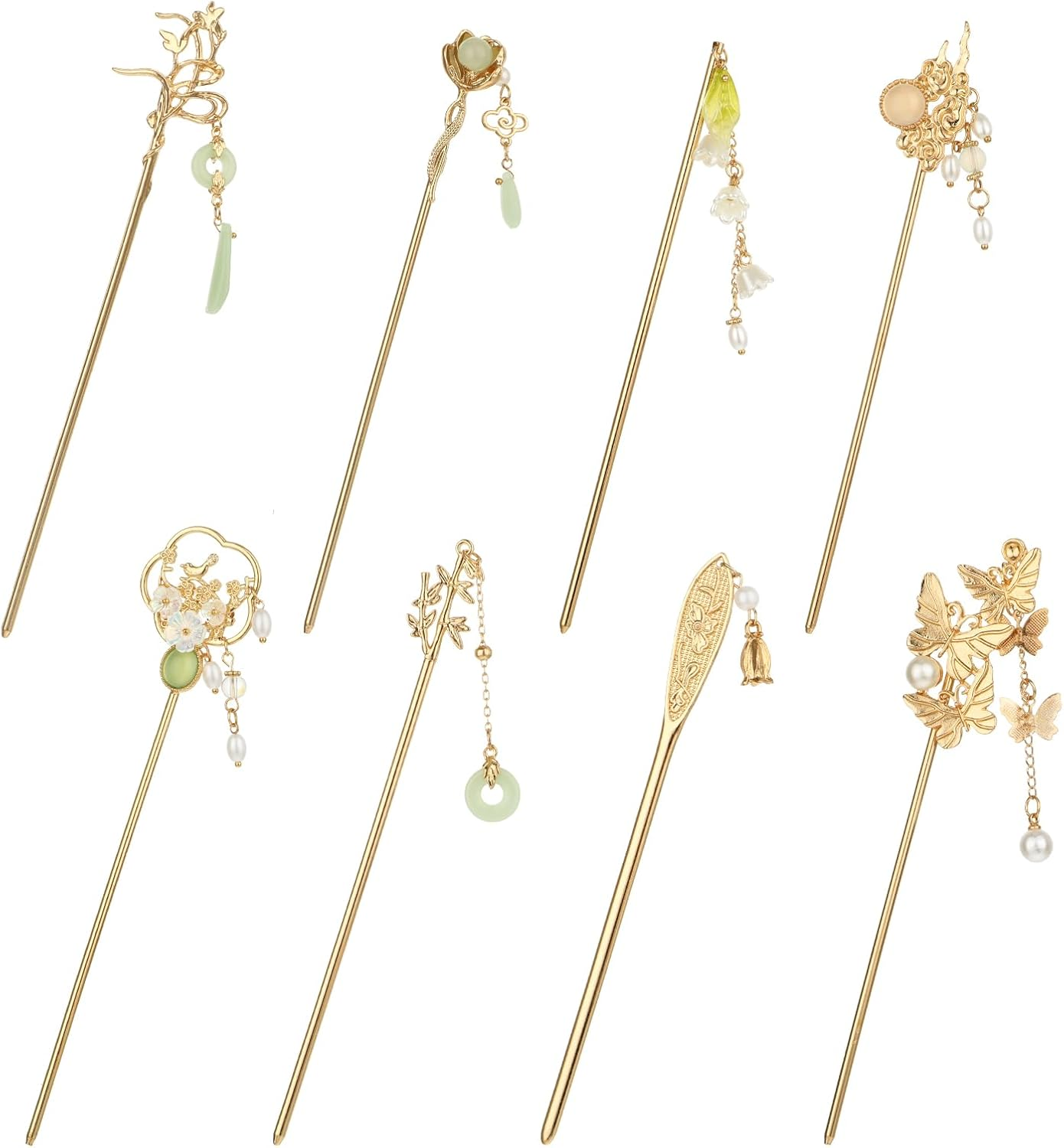 Psyqtsuary 8 Pcs Retro Gold Long Hair Sticks Pins with Pendants Decorative Vintage Pearl Metal Hair Sticks Chinese Hanfu Glitter Accessories Hair Chopsticks for Women image number 3