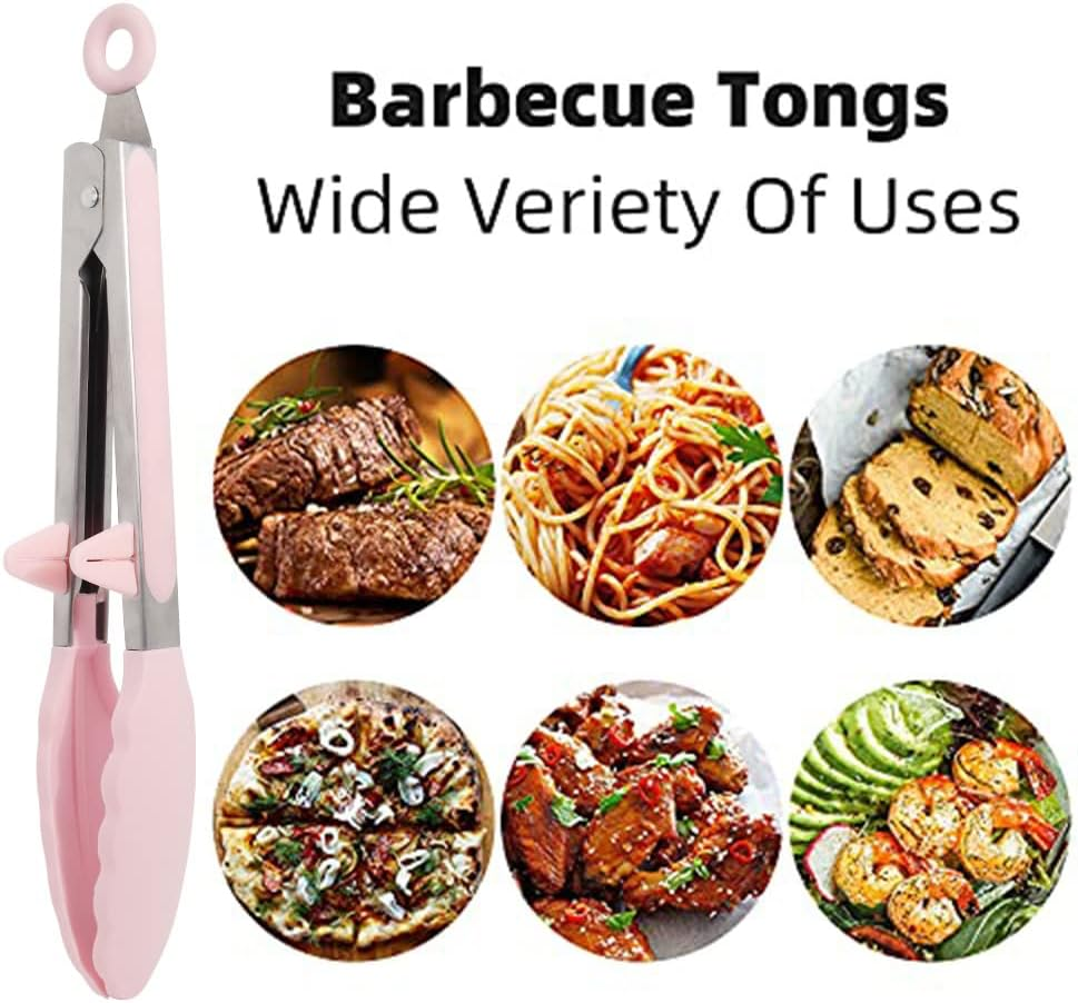 Kitchen Tongs, 9 Inch Silicone Tongs Set of 2 Food Safe Silicone Pink Locking BBQ Cooking Serving Salad Tongs with Stainless Steel Handle - Blue image number 2