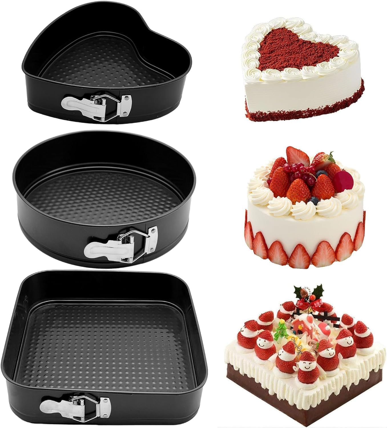 3Pcs Cake Pan Set, Heart round Square Leakproof Nonstick Cheesecake Pans with Removable Bottom Stainless Steel Bakeware, Removable Bottom Leakproof Cake Pan for Baker & Baking Enthusiast