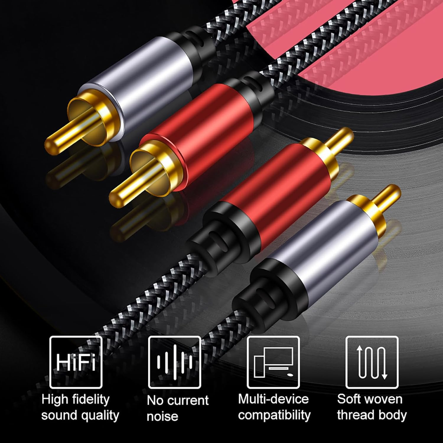 RCA Cable Braided 6M: Hi-Fi Sound Double Layer Shielded Zinc Alloy Case Male 2Rca Stereo Audio Cord for Home Theater, HDTV, Amplifiers, Hi-Fi Systems, Car Audio, Speakers (6M) image number 3