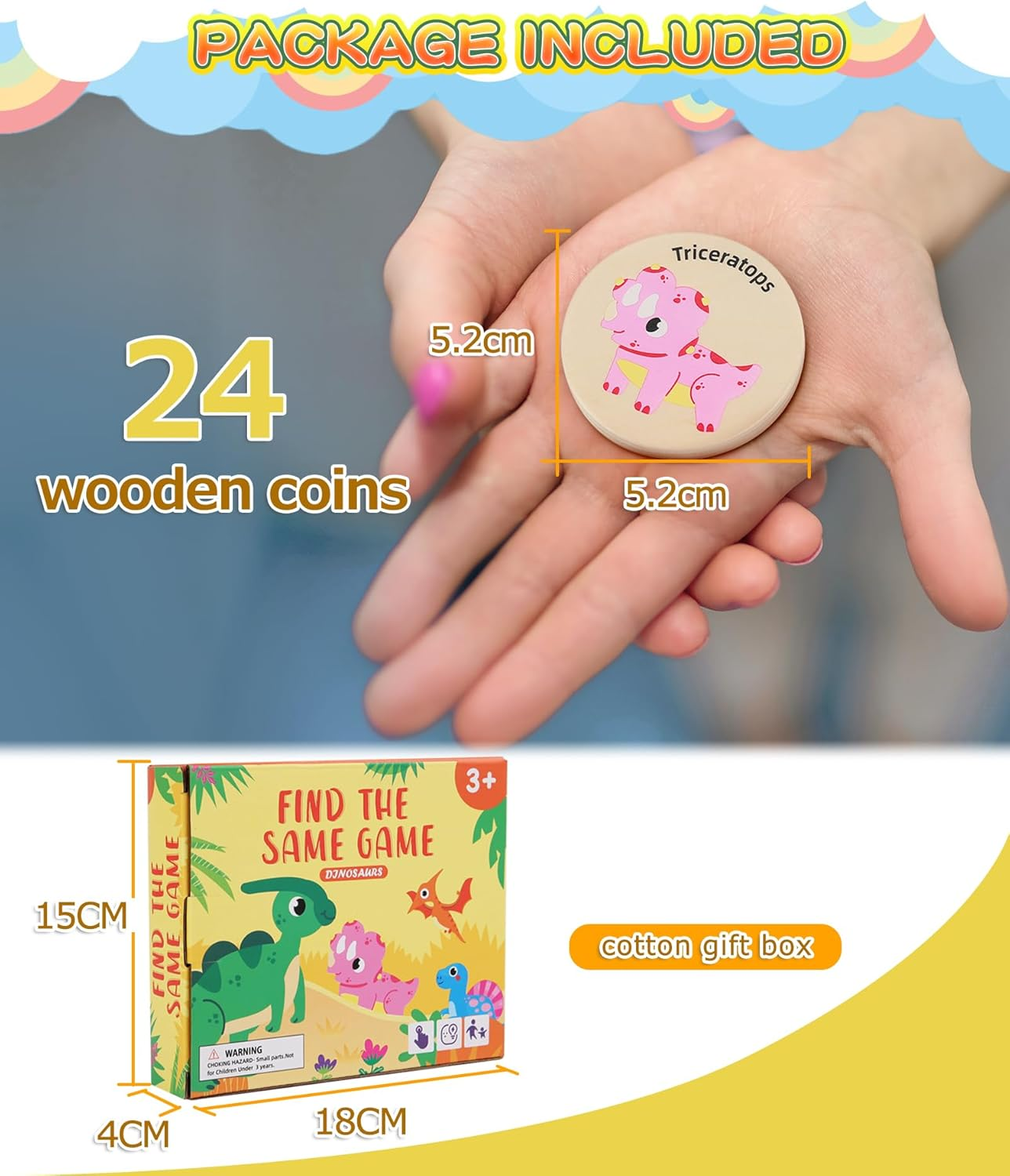 Wooden Match Memory Game for Kids, 24Pc Memory Matching Cards with 5Pc Tattoo Stickers, Educational Memory Matching Game for Pre-Kindergarten Early Learning Development Girls and Boys-Dinosaur image number 1