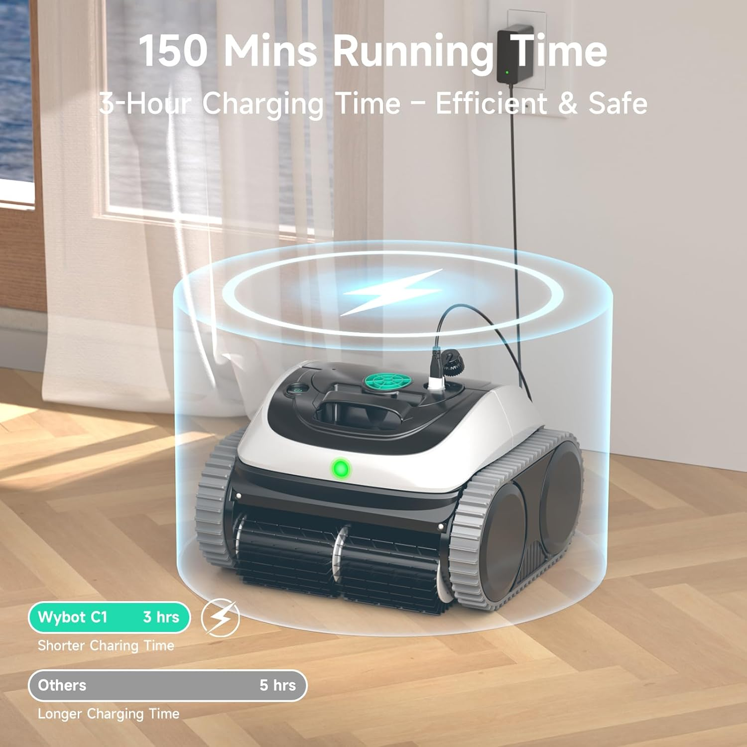 WYBOT C1 Cordless Pool Cleaner, Wall & Waterline Cleaning, Pool Vacuum Robot with Smart Route Planning, 150 Mins Runtime, for Inground Pools up to 150㎡ (Blackwhite & Green) image number 4