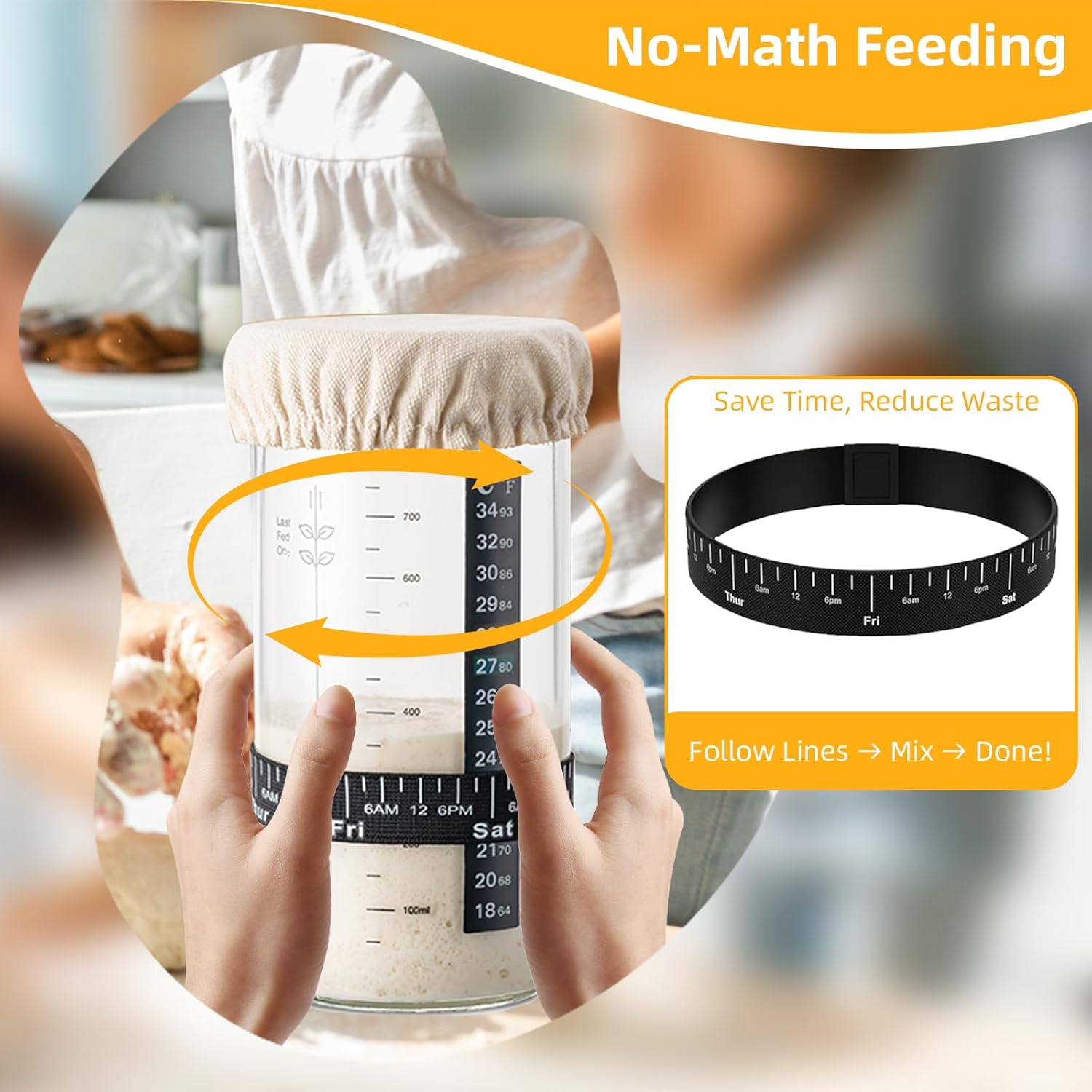 Togemvvs Sourdough Starter Jar, 1000Ml Wide Mouth Glass Sourdough Jar Kit with Measurement Markings, Rubber Scraper, Rubber Band, Cloth Cover, Label Pen, Suitable for Bread Making and Home Baking image number 2