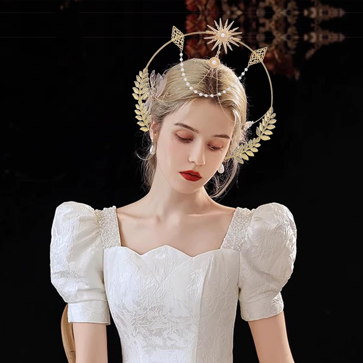 NICENEEDED Halo Crown Headpiece, Gothic Sun Goddess Headband, Gold Leaf Mary Halo Crown Headdresses Costume Cosplay Party Palace Queen Headwear Angel Tiaras for Women Halloween