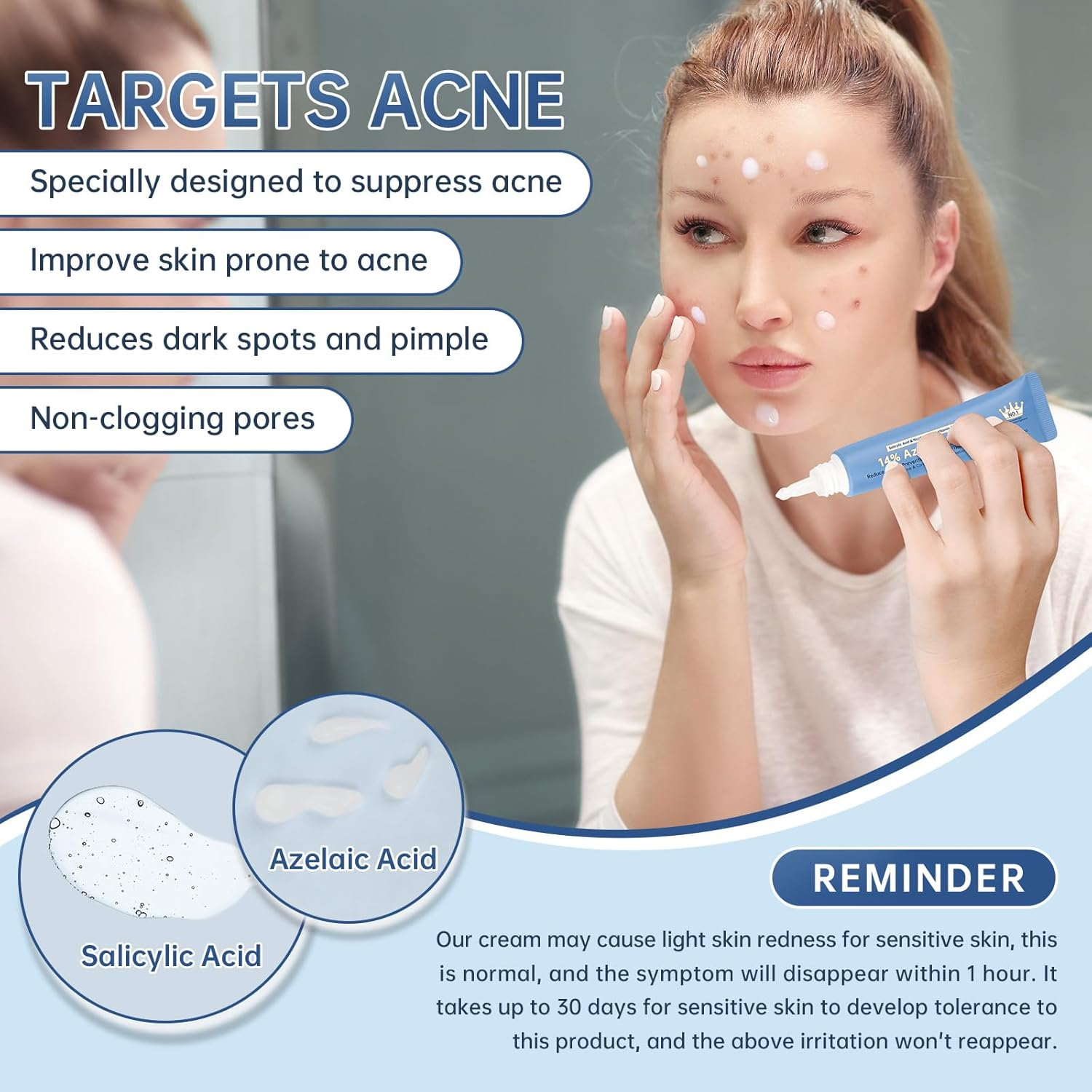 Azelaic Acid Face Serum Cream for Redness Relief,Dark Spots,Azelaic Acid Acne Cream with Niacinamide & Vitamin C,Acid 14% Facial Serum Balance Excess Sebum & Soothe Irritation,30Ml image number 4