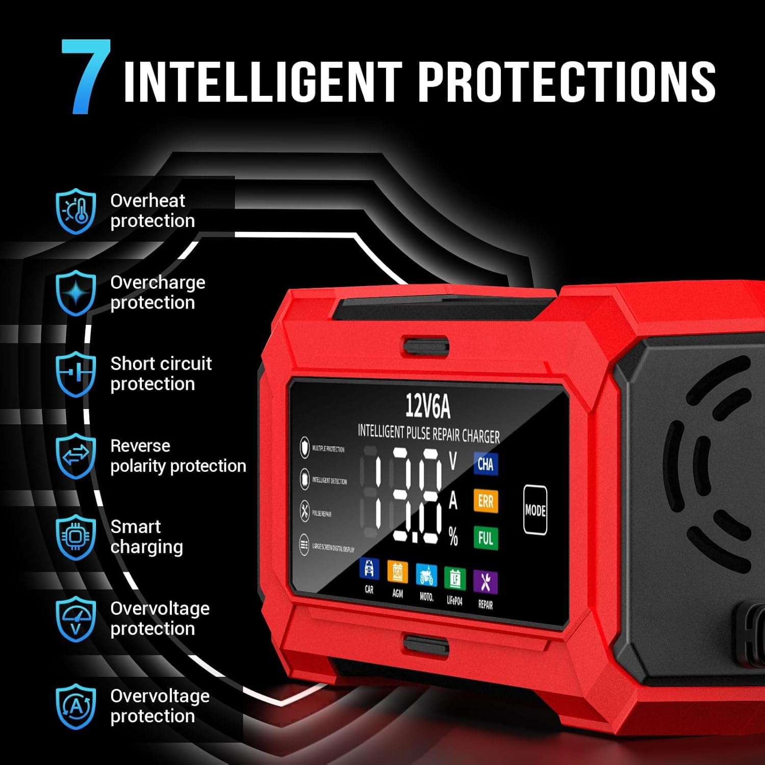 6A/12V Car Charger, 6A Multi Protections Motorcycle Battery Charger, Intelligent LCD Screen Fully Automatic Battery Charger for Motorcycles, Boats, Cars, Agm/Lithium Battery image number 6