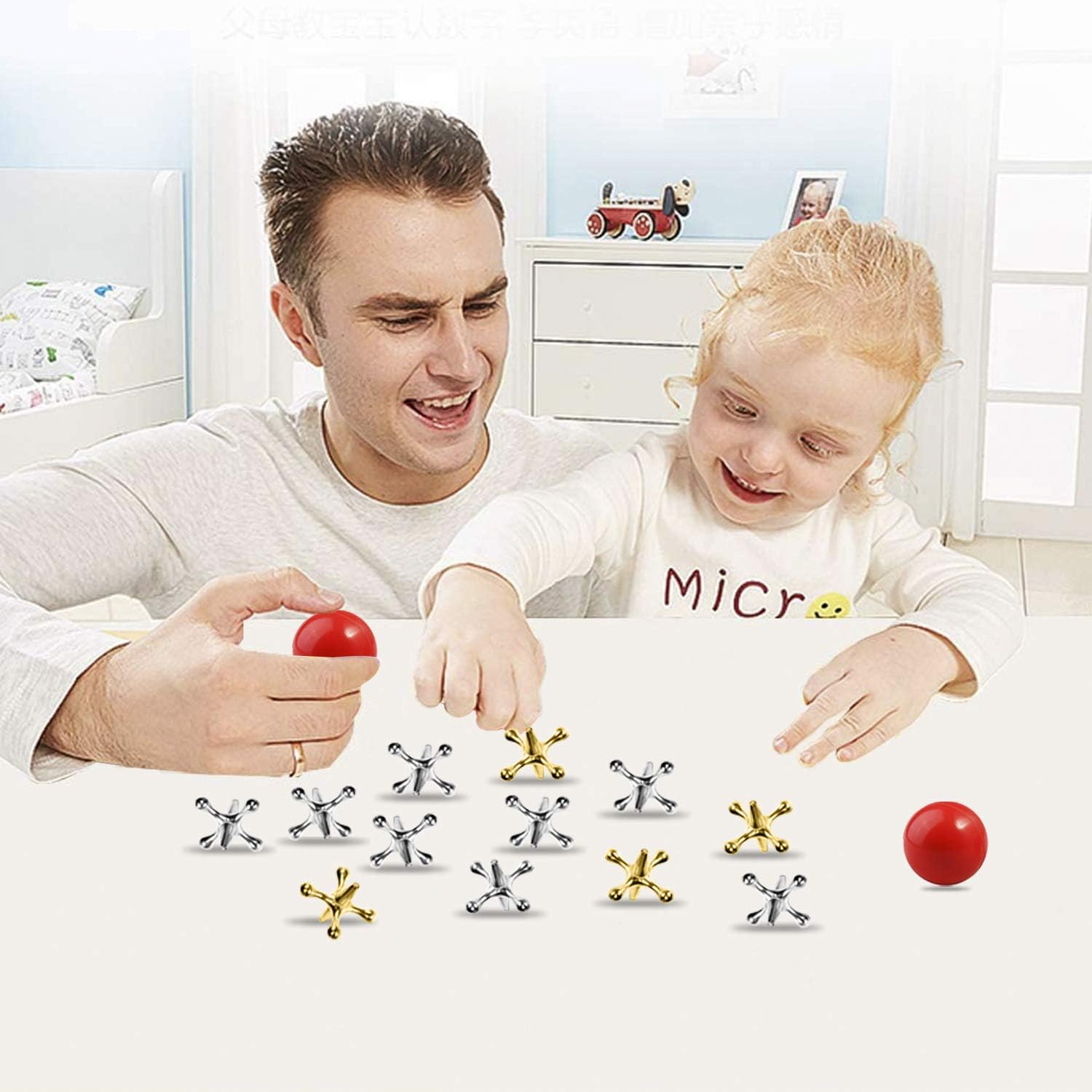 3 Sets Retro Metal Jacks and Ball Game Kit - 3 Pcs Red Rubber Balls & 30 Pcs Gold and Silver Metal Jacks, Classic Game of Jacks for Party Favor, Game Prizes, Kids and Adult