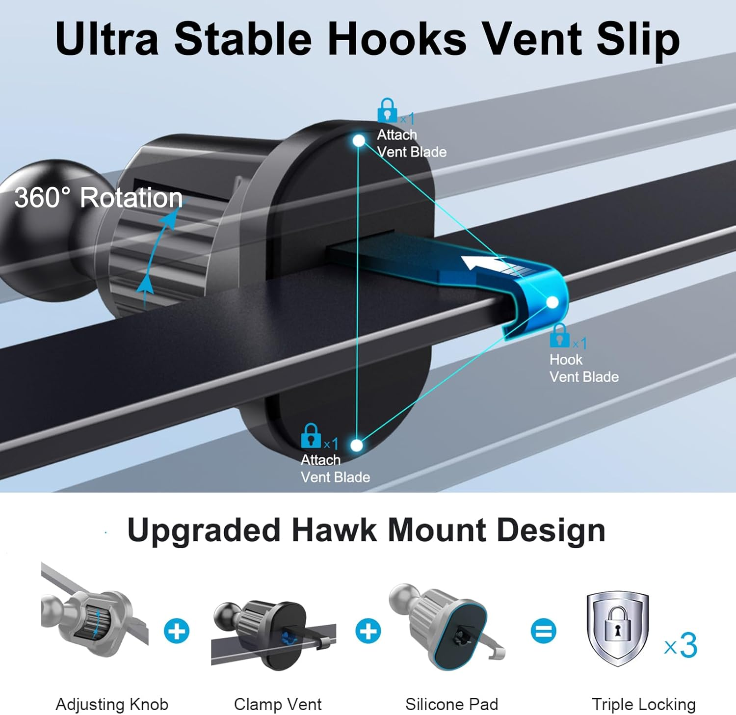 Beleeb Phone Holder Car, 360&deg; Rotation Car Phone Mount Cradle, Ultra Stable Hook Clip Vent Slip - One Button Release Function for Iphone, Galaxy All 4.7''-7.2'' Mobile Phones