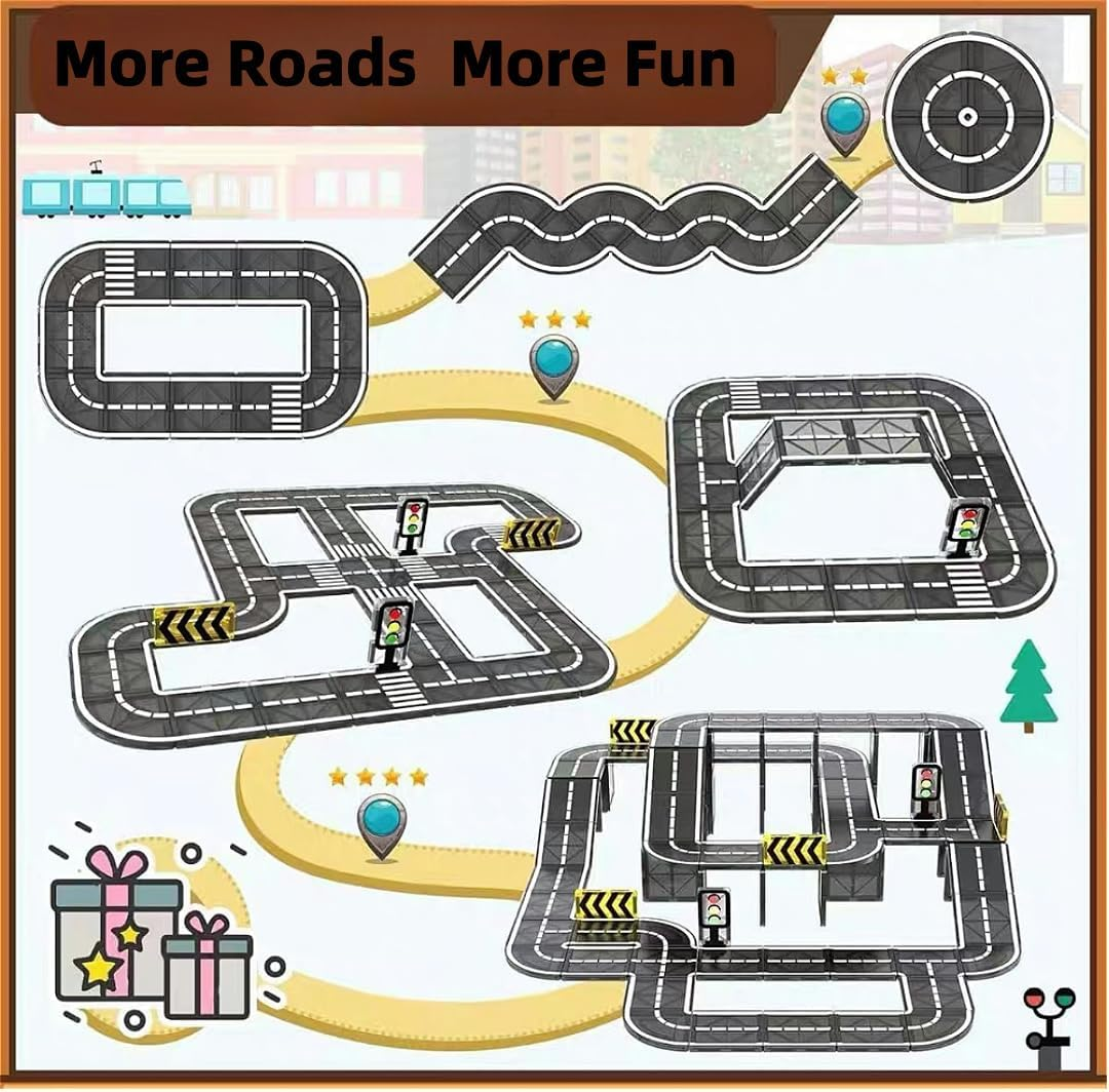 Magnetic Tiles Road Set for Kids, 41 PCS Magnetic Building Blocks with Car Toys, Construction Magnetic Blocks Toys, Boys Gifts