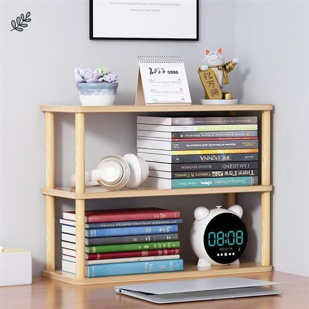 Hbluefat Desktop Organizer Shelf, 2-Tier Solid Wood Bookshelf Storage Rack, Small Countertop Bookcase Display Shelf for Home Office (Wood)