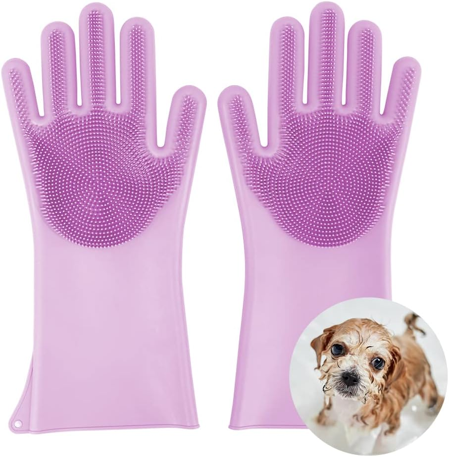 Comfpet Dog Washing Gloves for Hair Removal, Cat Grooming Gloves, Bathing and Massaging for Puppy and Kitty, Food Grade Silicone (Gray)