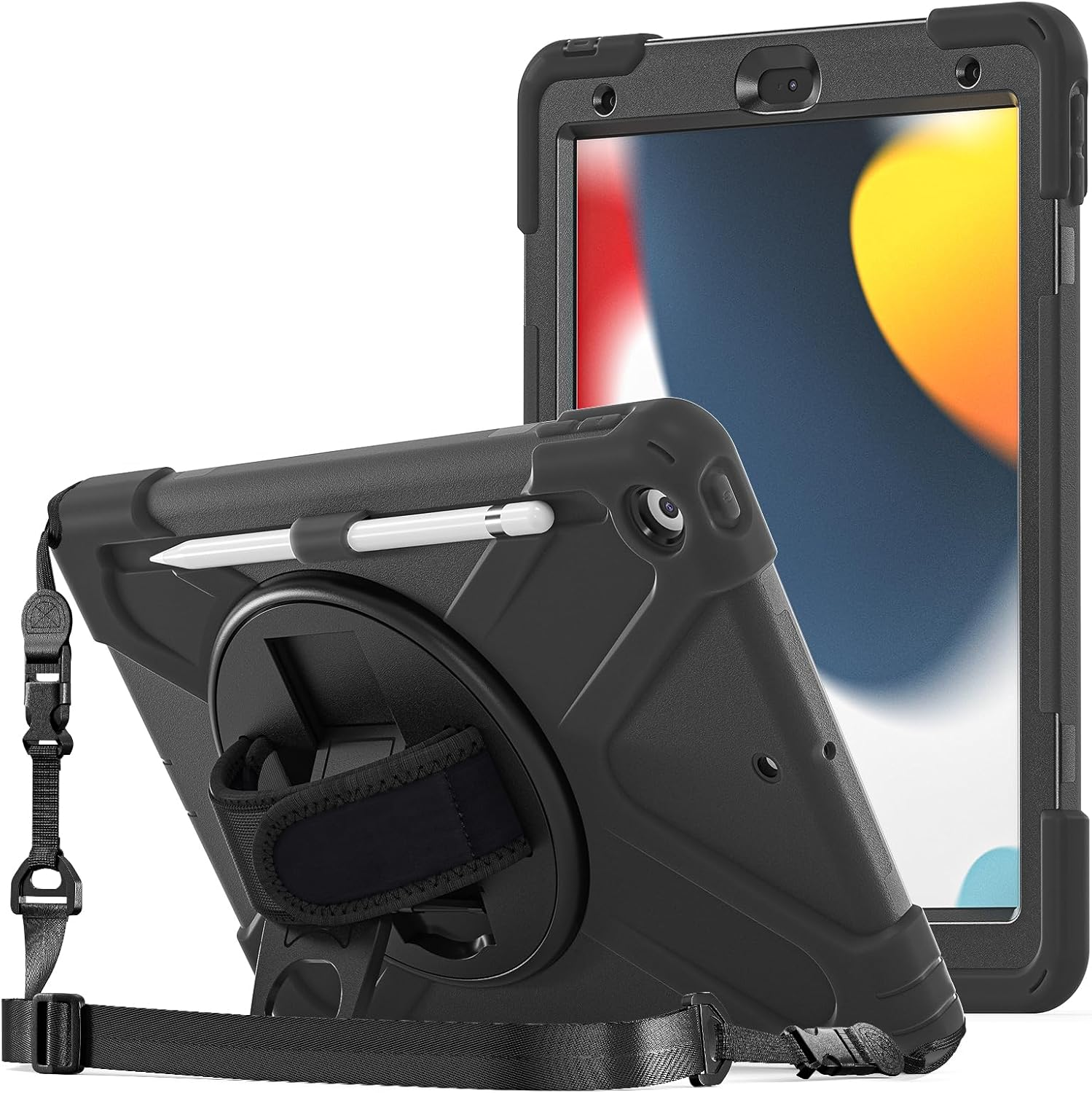 Procase Rugged Case for Ipad 9Th/ 8Th/ 7Th Generation 10.2" (2021/2020/2019), Heavy Duty Shockproof Protective Cover with Strap for Ipad 9/8/7 -Black