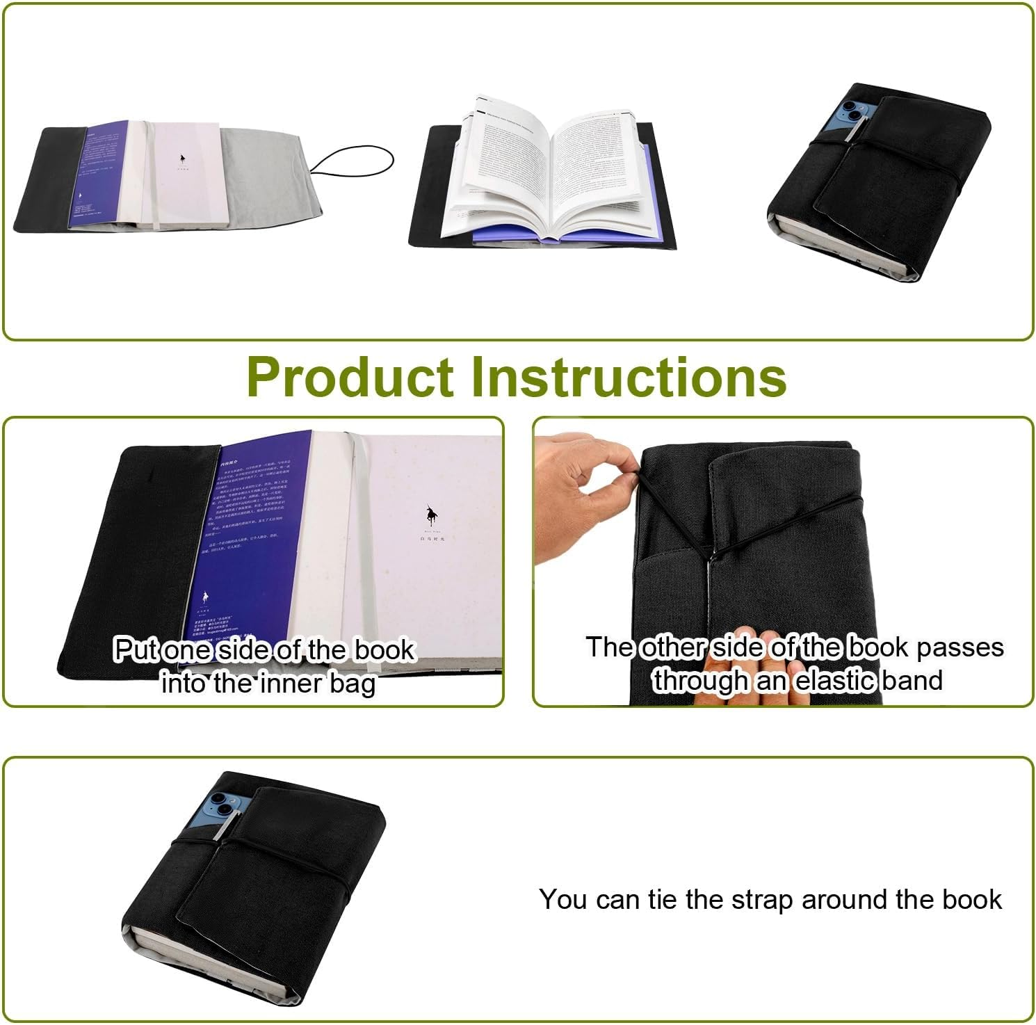 Canvas Book Cover Sleeve, Adjustable Washable Book Protector, for Hardcover/Paperbacks with Pockets for Pen, Elastic Cord Binding, Soft Book Covers, Bookish Gifts for Book Lovers (Black) image number 5
