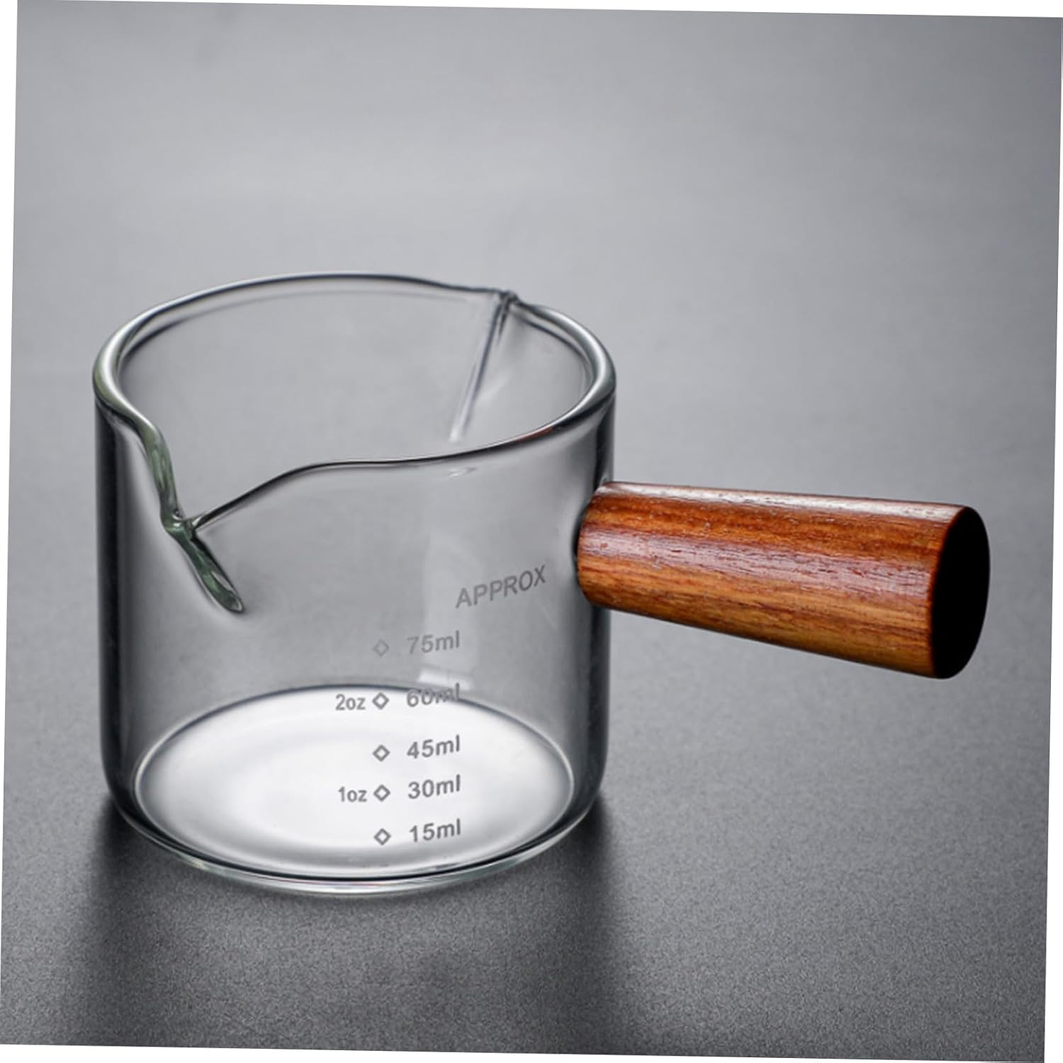 EXAOMBLE Glass Milk Cup with Handle Double Mouth Measuring Cup Thick Glass Coffee Latte Art Pitcher for Home Bar Espresso Frothing and Milk Pouring, Wooden Handle Design image number 6