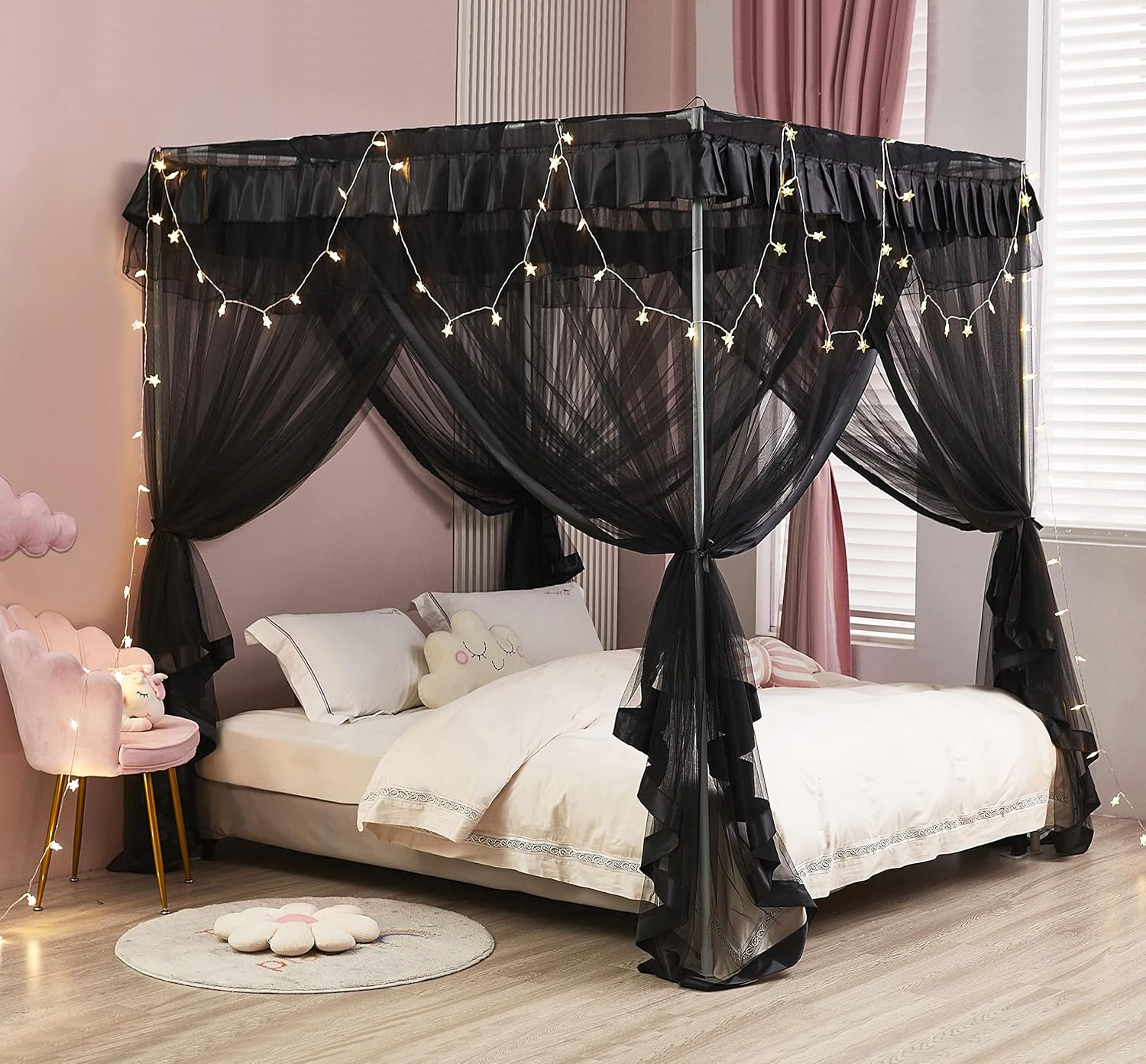 Princess 4 Corners Post Bed Curtain Canopy Netting (Full, Black) image number 2