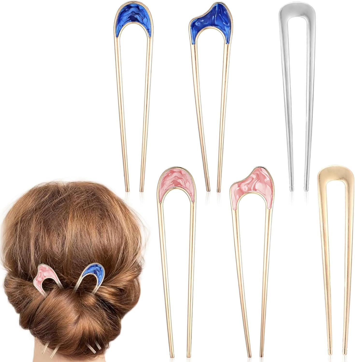 Vintage Metal U Pins for Hair Bun - Set of 6, U Shaped French Twist Hair Pins, Gold & Silver Chignon Hair Forks for Women - Stylish Accessories for Thick & Thin Hairstyles image number 5