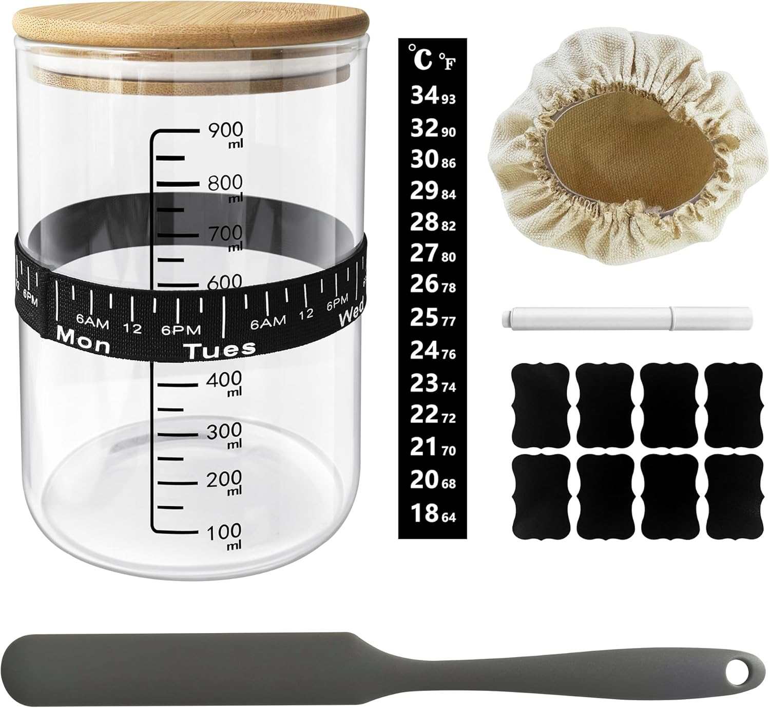 Sourdough Starter Jar Kit 900Ml, 30Oz Sourdough Starter Kit, Heat Resistant Glass Container, Scale Thermometer Strip Spatula Level Band Cloth Cover Lable Pen image number 3