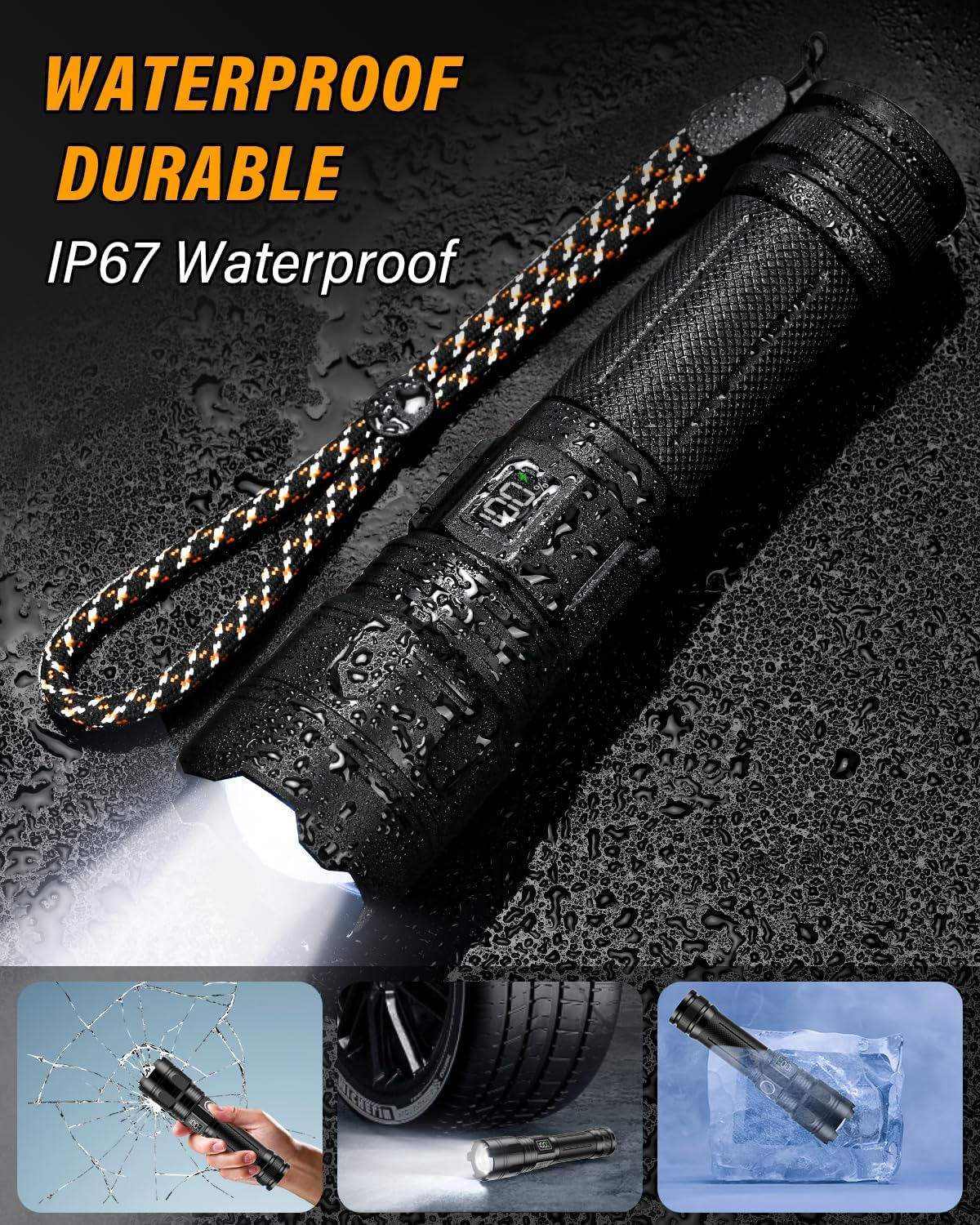 Professional Powerful LED Torch, 500000 Lumens, Rechargeable LED Flashlight with 5000 Mah Battery, Zoomable 5 Modes Military Torch, IP67 Waterproof Tactical Flashlight AK-01 (Black) image number 4