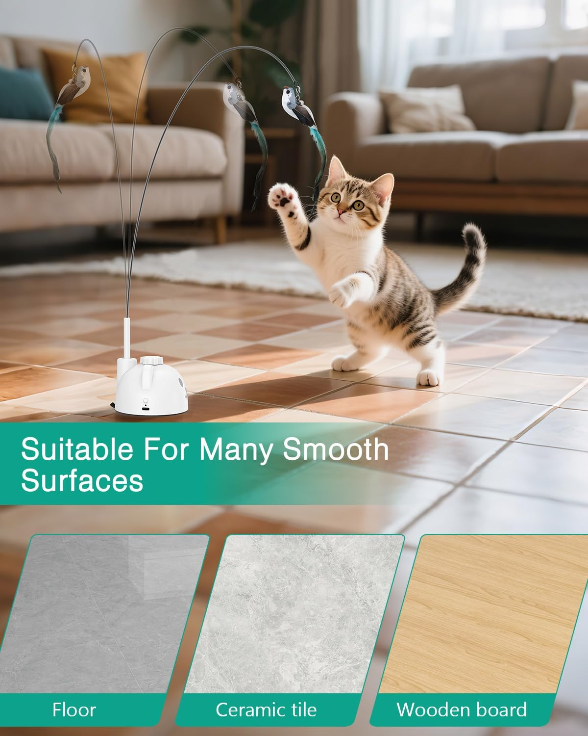 ORIA Interactive Cat Toys, Automatic Cat Toy, Irregular Rotation Teaser Wand with Reusable Sticker Base for Indoor Kitten, Cats - White image number 6