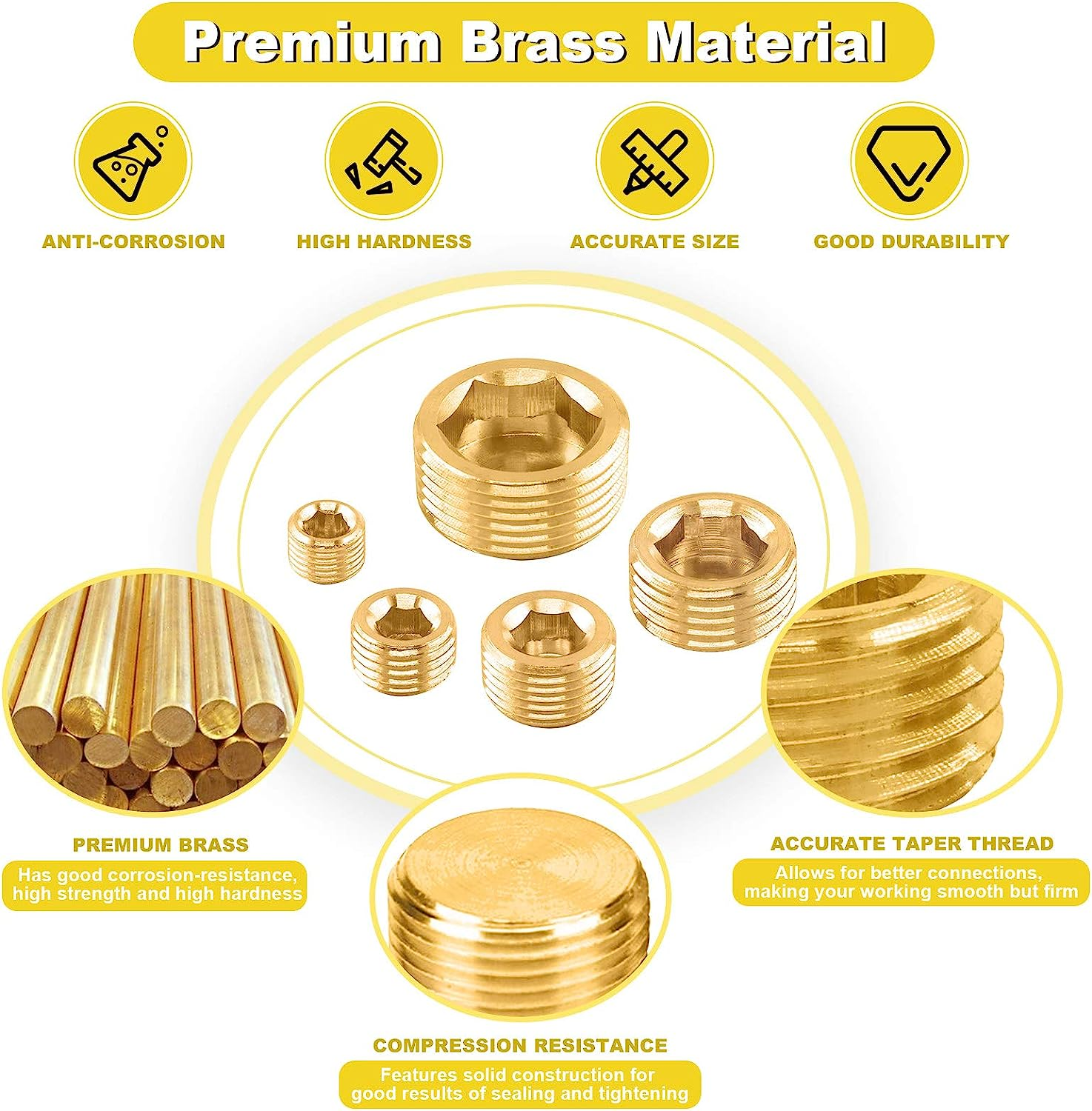 16Pcs 5 Sizes Brass NPT Plug Assortment Kit, 1/8" 1/4" 3/8" 1/2" 3/4" Internal Hex Counter Sunk Pipe Fitting Male Thread Pipe Plug Set image number 4