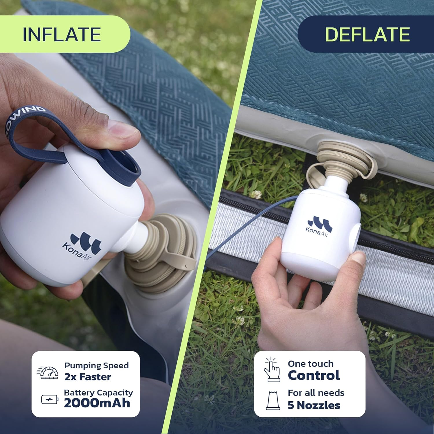 Woowind Kona Air Mattress Pump &ndash; Mini Air Pump for Inflatables, Cordless & Rechargeable, 200L/Min Flow, Inflates/Deflates Beds, Floats, Tents, with 10-Hour LED Light, Ultra-Portable Palm-Size image number 1