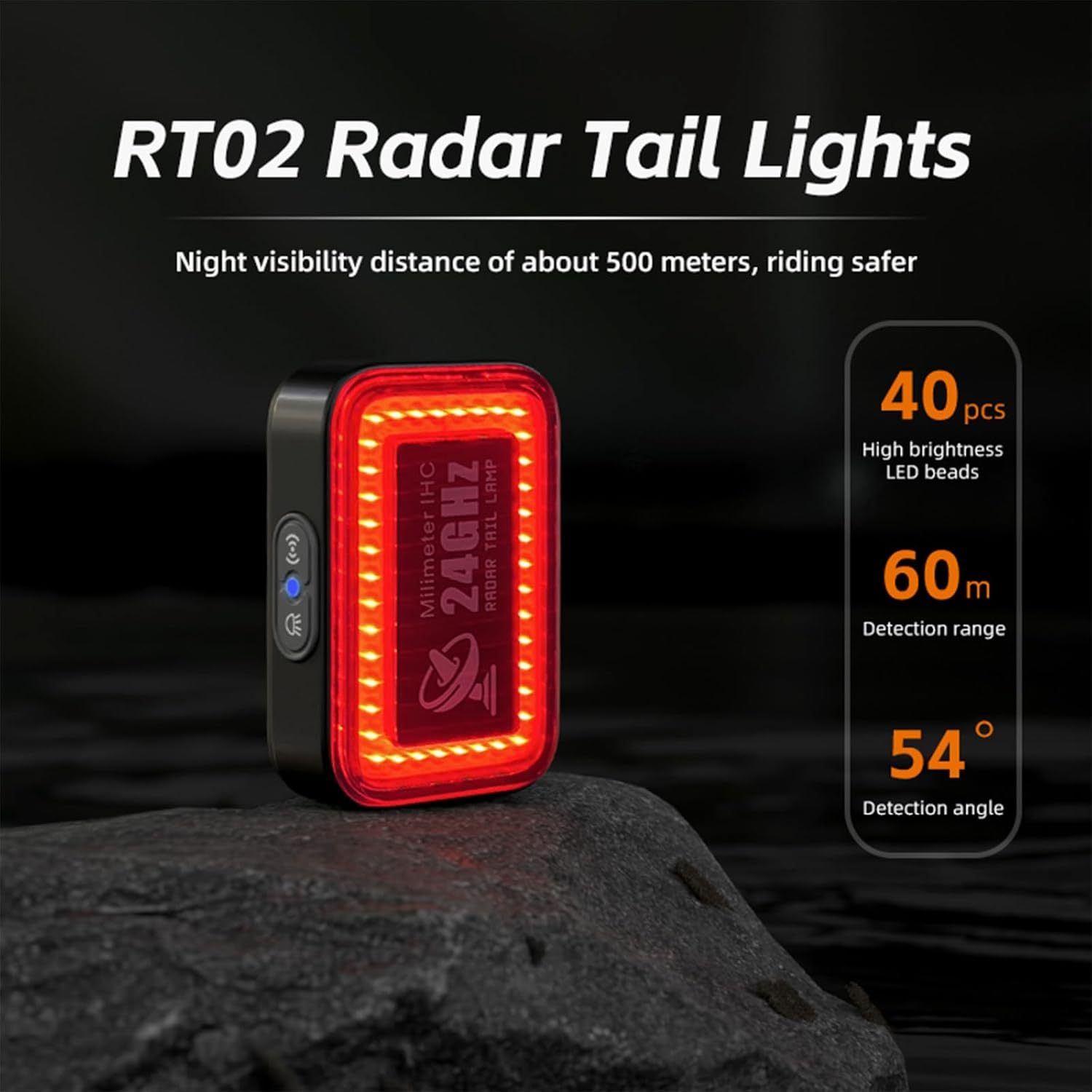 CYCLAMI Bike Radar Tail Light with 24Ghz Radar Detection, Active Alert & Brake Sensing, 500M Visibility, 5 Modes for Road/Mtb Cycling Safety Light, Vibration Wake-Up, IP64 Waterproof, Type C