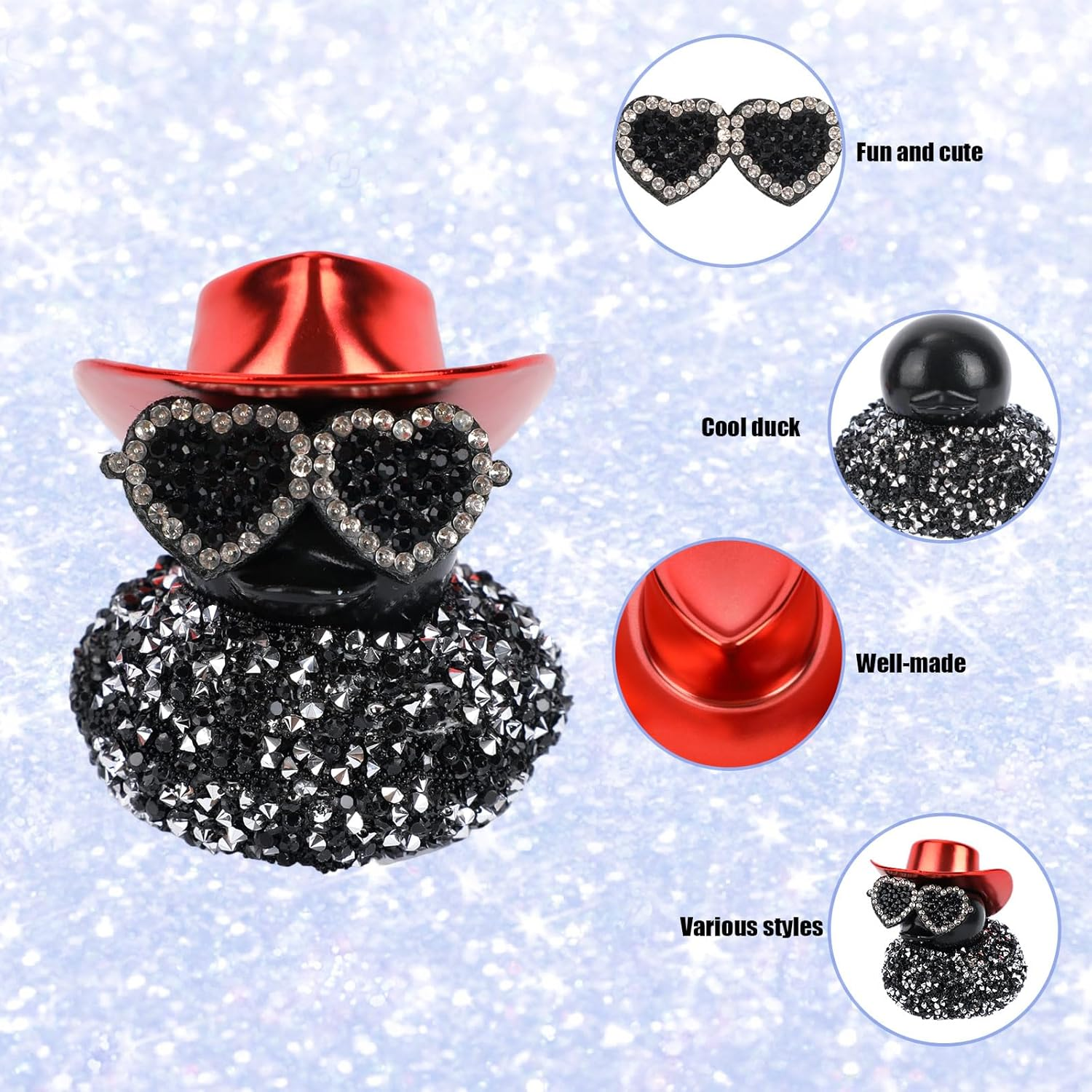 Car Ducks for Dashboard, Black Diamond Duck Decoration Cute Car Rubber Duck Ornament Accessories with Glasses Hat for Dashboard Refrigerator Decoration image number 2