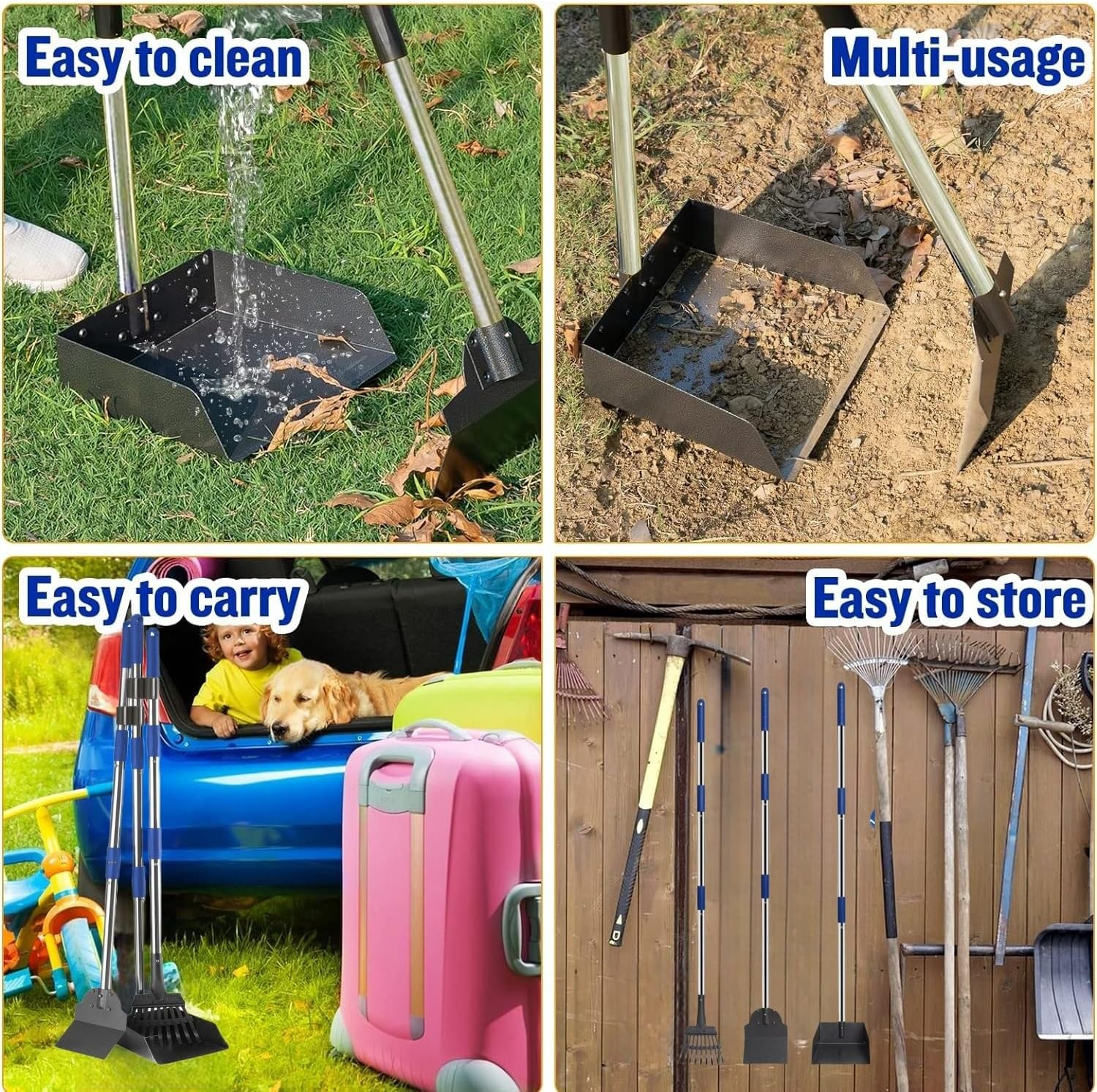 Dog Poop Scooper Set, Pet Poop Pick up Scooper, 3 Pcs Adjustable Long Handle with Metal Tray, Rake and Spade for Pet Waste Removal, No Bending Clean up Dirt, Gravel, Lawns, Grass
