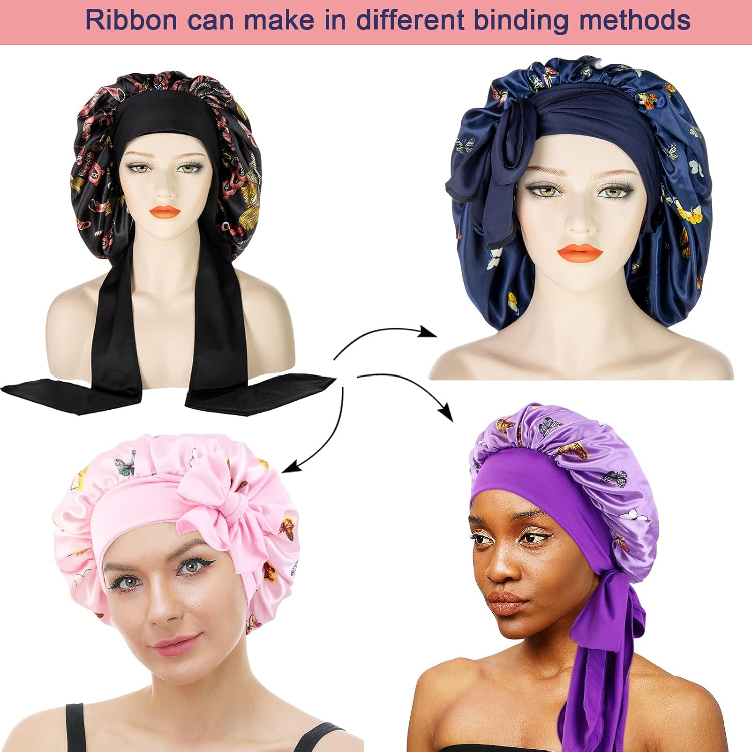 MUFEKUM Hair Bonnet for Sleeping, Printing Satin with Stretchy Tie Band Edge Wrap, Wide Band Silk Large Night Sleep Cap for Women Girls Hair Care - Pattern Navy image number 5
